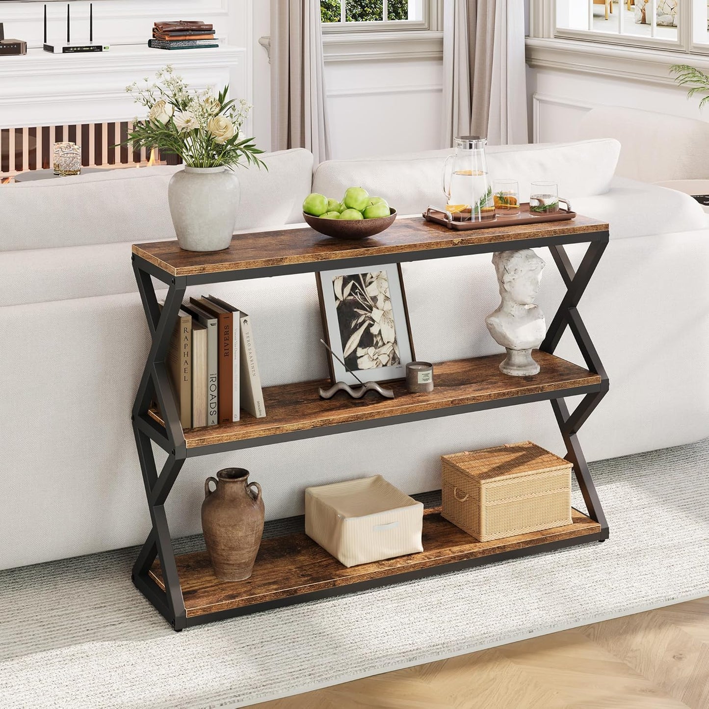 47.2 Inch Rustic Console Table, Industrial Entryway Table with 3-Tier Shelves - Long Hallway Sofa Table, TV Stand & Media Center for Living Room, Vintage Brown