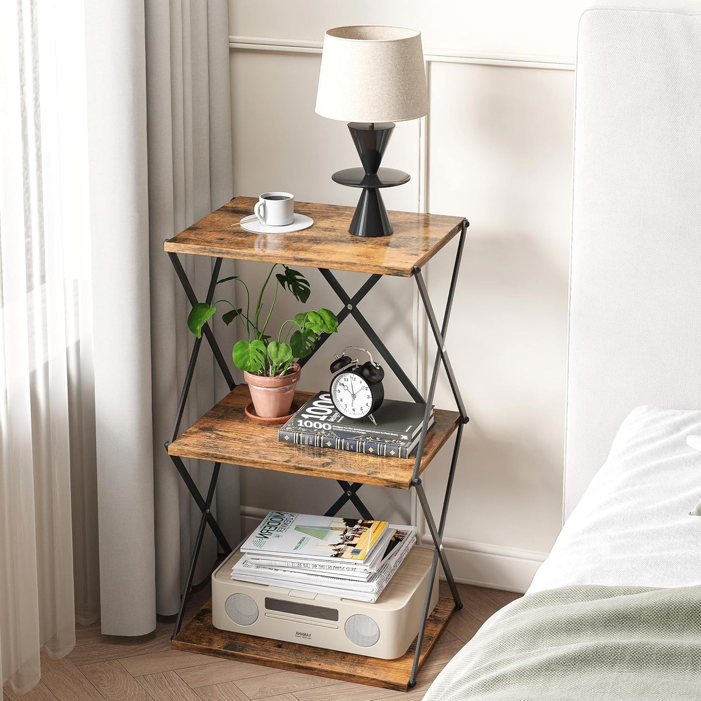 3-Tier End Table Set of 2 Small Side Table Tall Bedside Night Stand with Storage Sofa Side desks for Living Room Bedroom Office Bathroom Small Space Rustic Brown ET-03RB-2