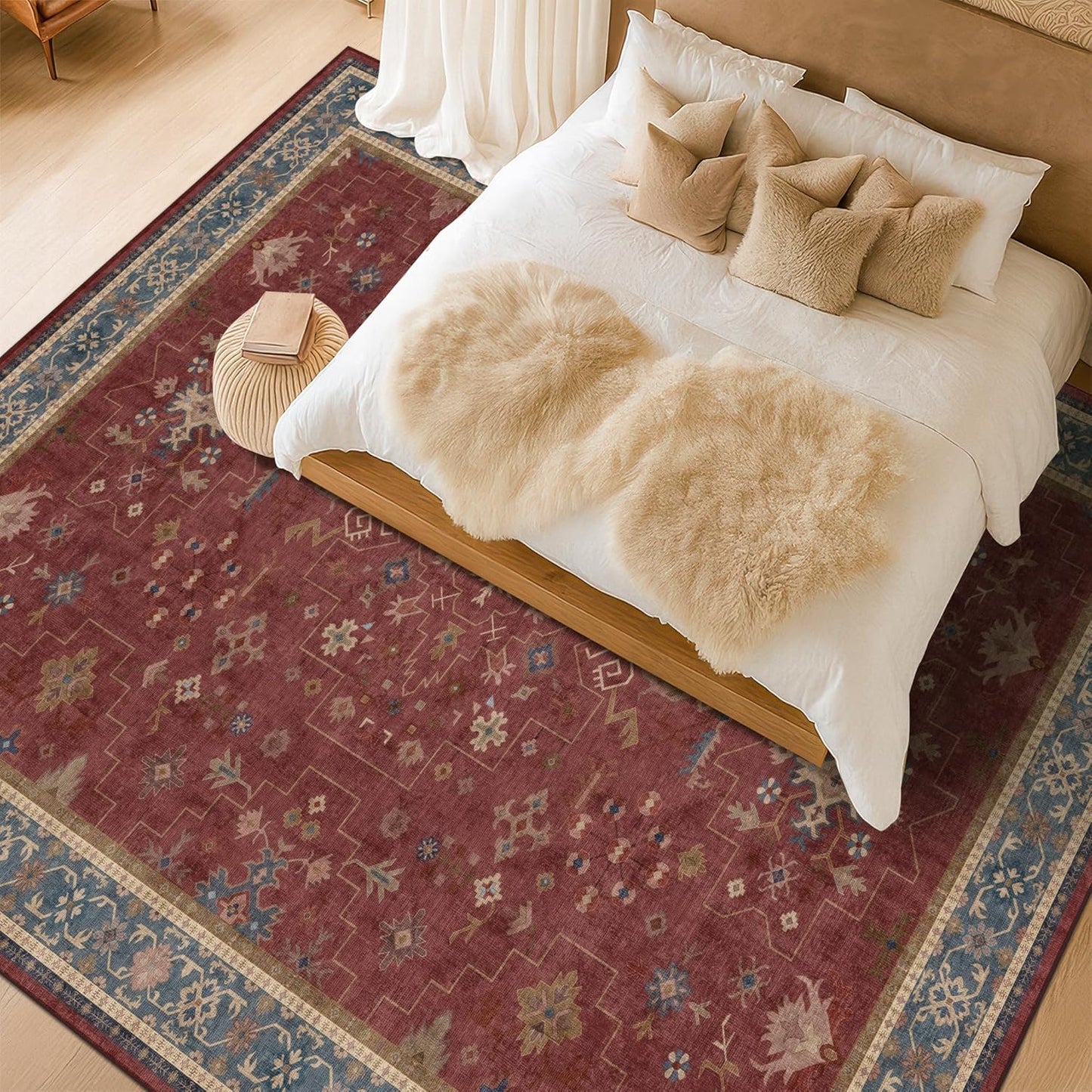 6x8 Dining Room Rugs for Under Table - Vintage Burgundy Boho Living Room Rug, Machine Washable Foldable Carpet,Southwestern Bed Room Décor Aesthetic