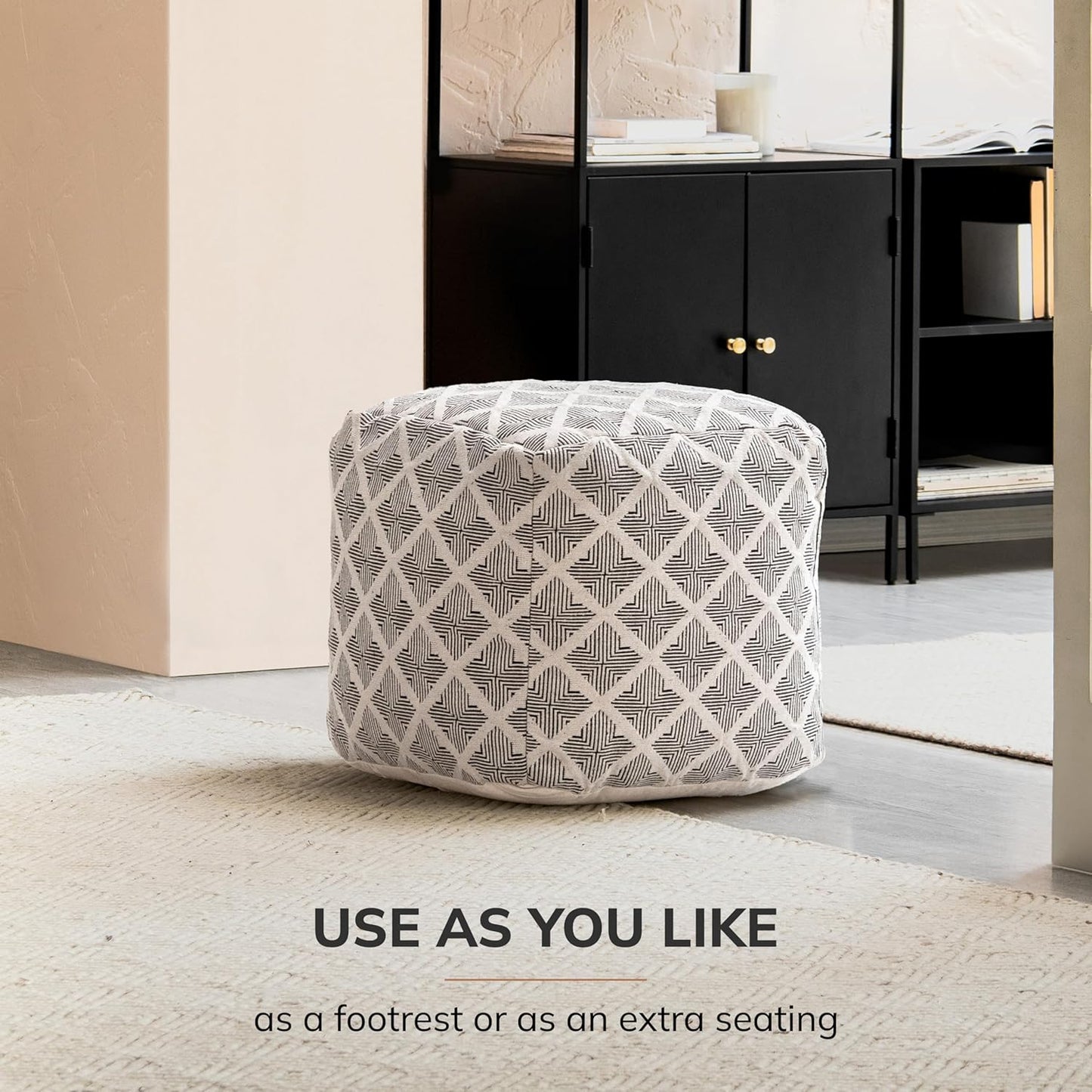 Anji Mountain 100% Handmade & Handcrafted Comfortable Home Décor Pouf Ottoman Footrest for Living Room, Bedroom, Nursery, Kidsroom, Patio Furniture - (20" x 20" x 20"- Black,Ivory)