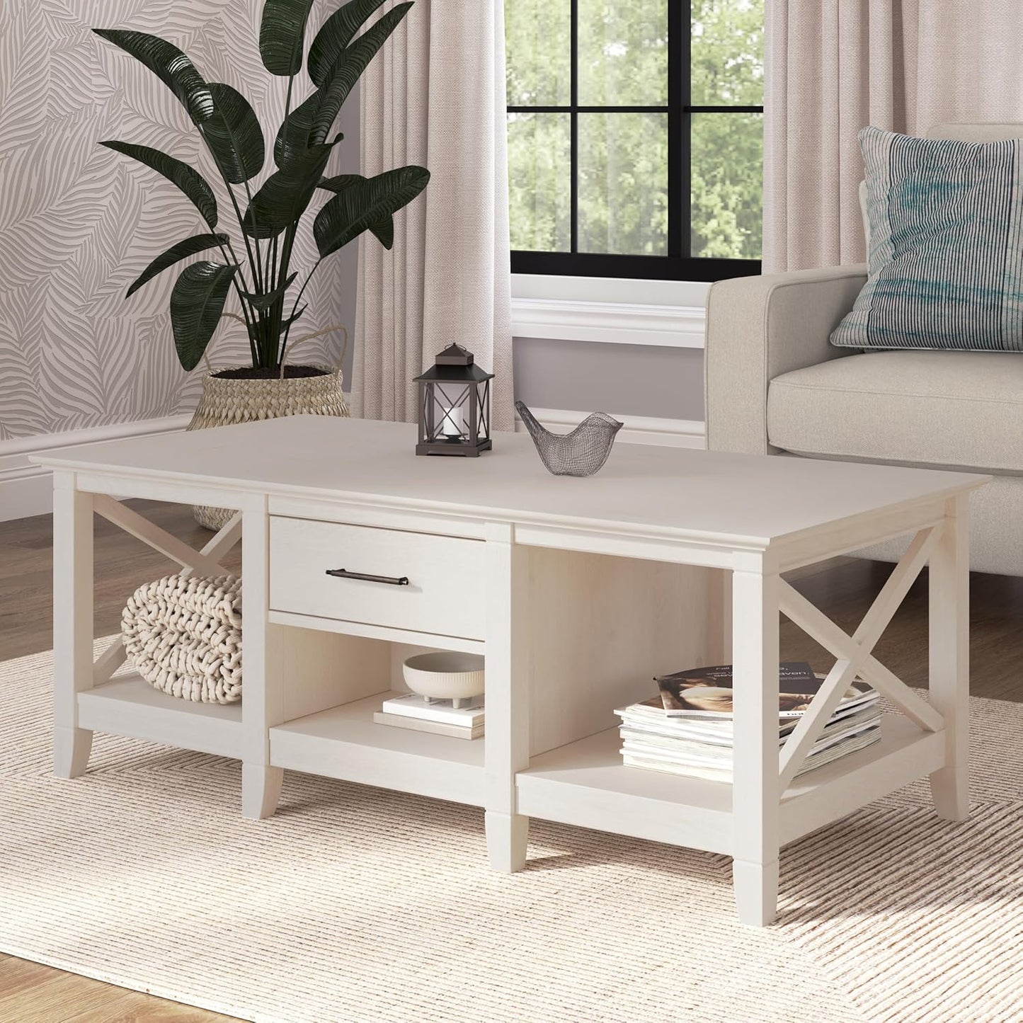 Bush Furniture Key West Coffee Table with Storage in Linen White Oak