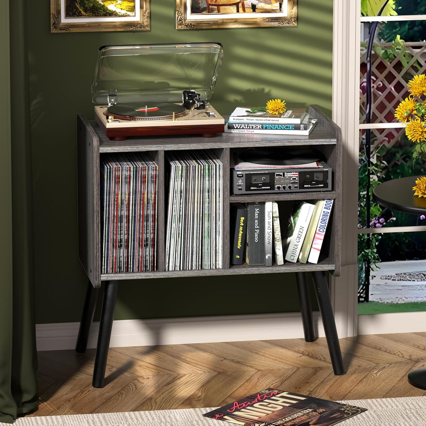 Record Player Table, Mid-Century Record Player Stand with Vinyl Storage Hold Up to 150+ Albums, Vinyl Record Cabinet with Adjustable Shelves, Wood Turntable Stand for Music Living Room (Grey)