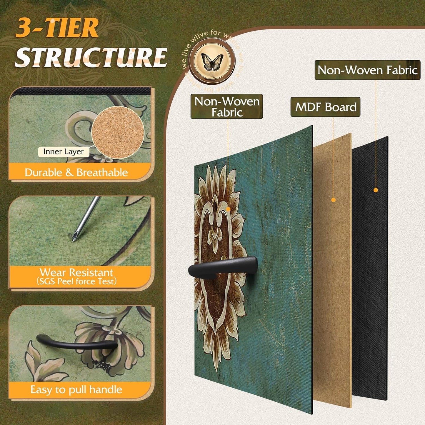 WLIVE Tall Dresser for Bedroom, 7 Drawer Dressers & Chests of Drawers, Fabric Dresser for Closet, Living Room, Night Stand with Metal Frame, Storage Tower with Fabric Bins, Wood Top, Floral Painted