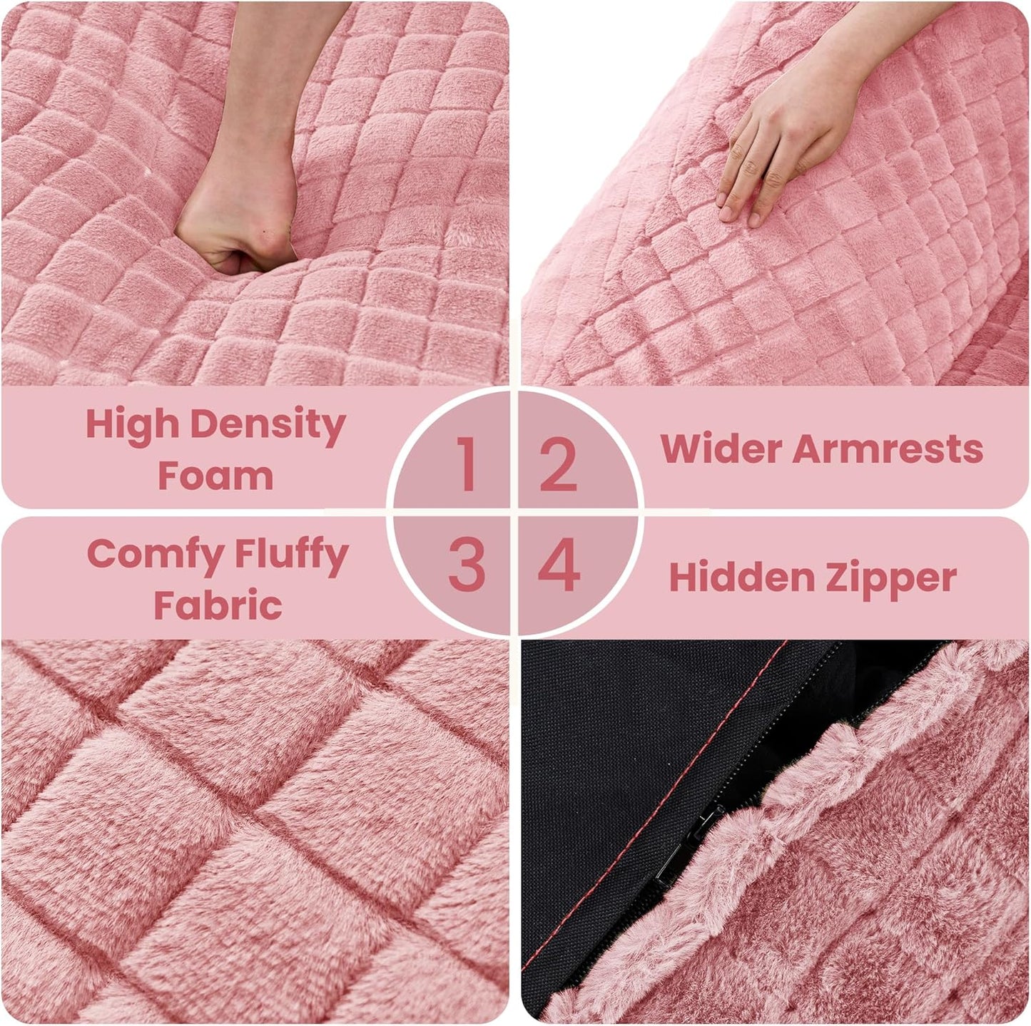 Bean Bag Chairs for Adults, Giant Beanbag Sofa Comfy Reading Chair, Oversized Bean Bag Chairs for Living Room Bedroom, Soft Faux Fur Fabric, 3.2FT, Pink, Checkered