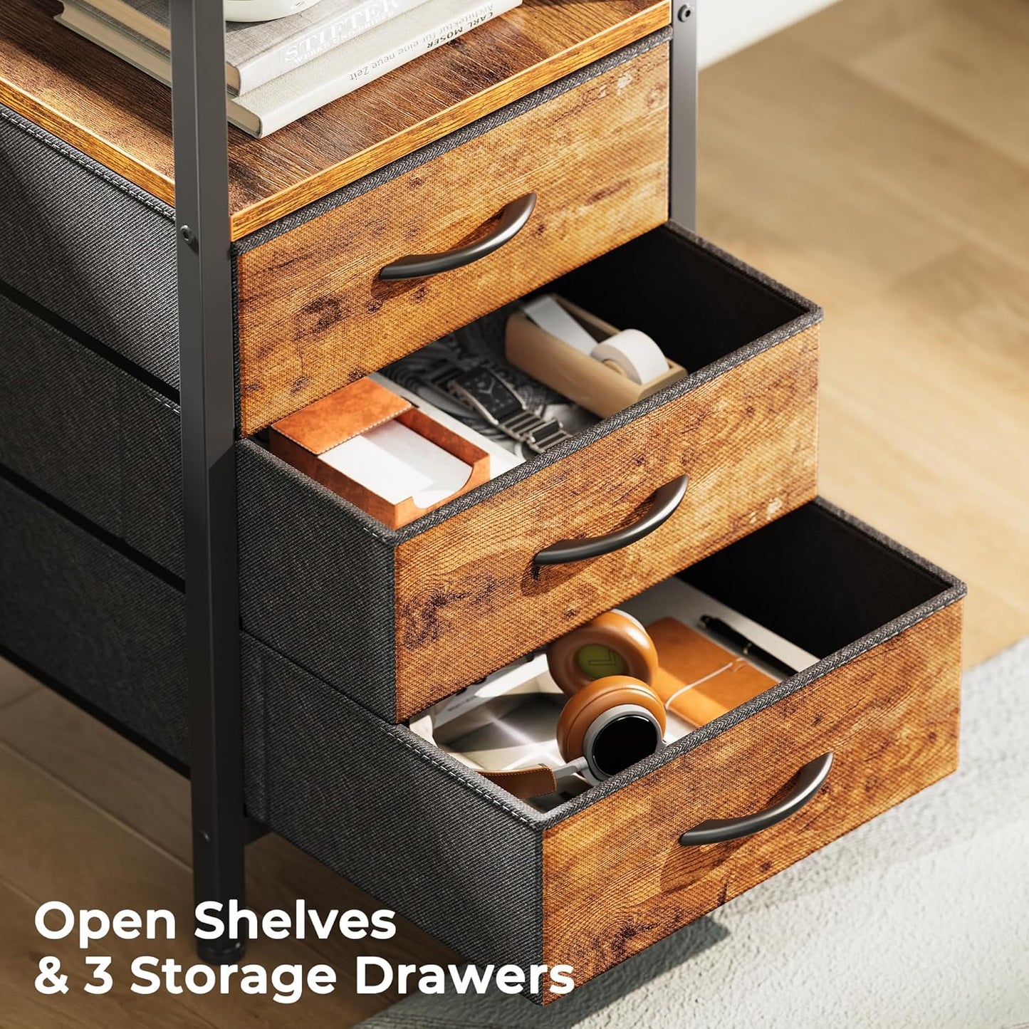 Huuger L Shaped Office Desk with Power Outlets, 55 Inch Computer Desk with 3 Drawers, Shelves, Reverisble for Gaming Corner Work Home Office Study, Rustic Brown