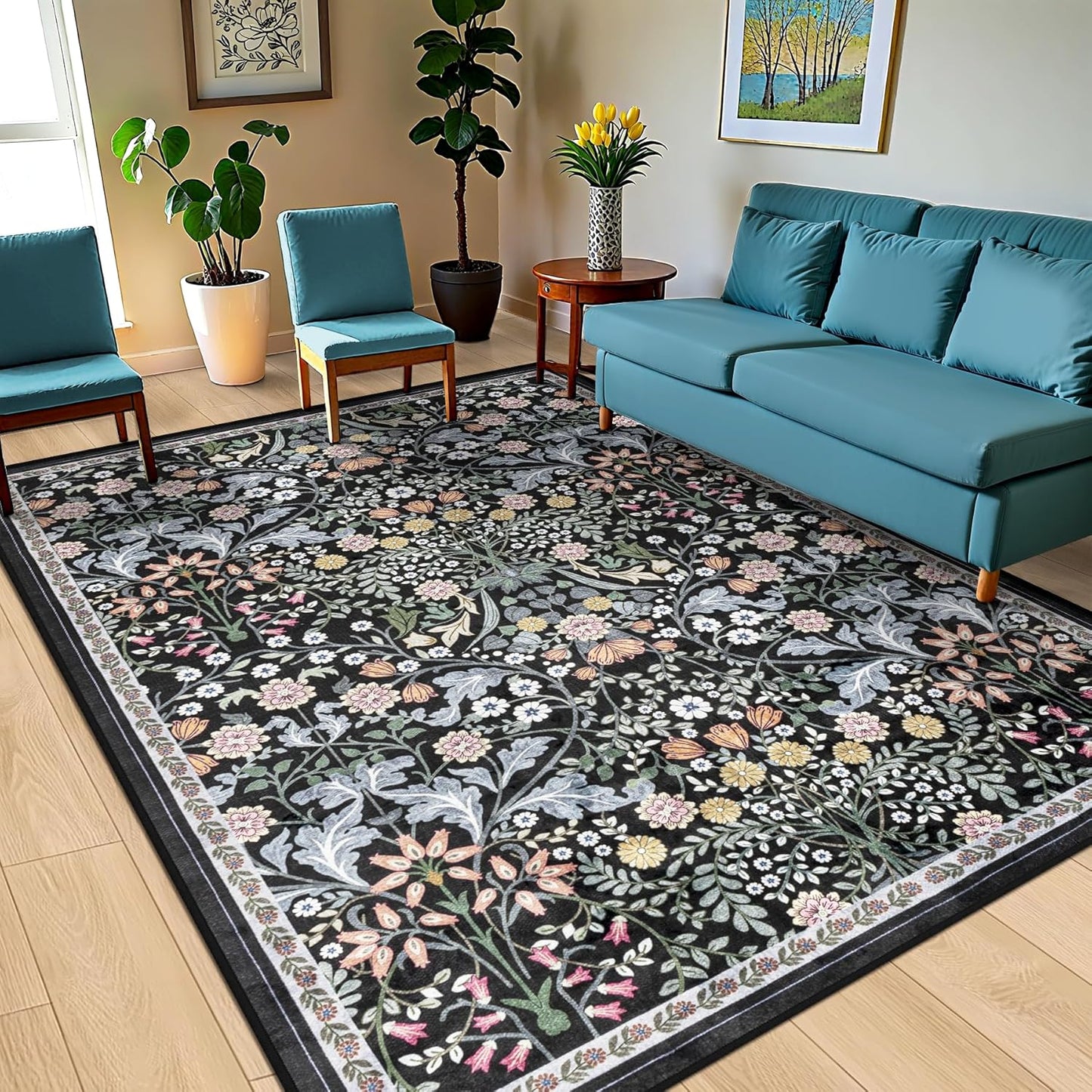 10x12 Area Rugs for Living Room: Floral Washable Rug Vintage Large Soft Boho Non-Slip Carpet Indoor Stain Resistant Low Pile Carpets for Bedroom Dining Room Farmhouse Nursery Home Office Dark Black