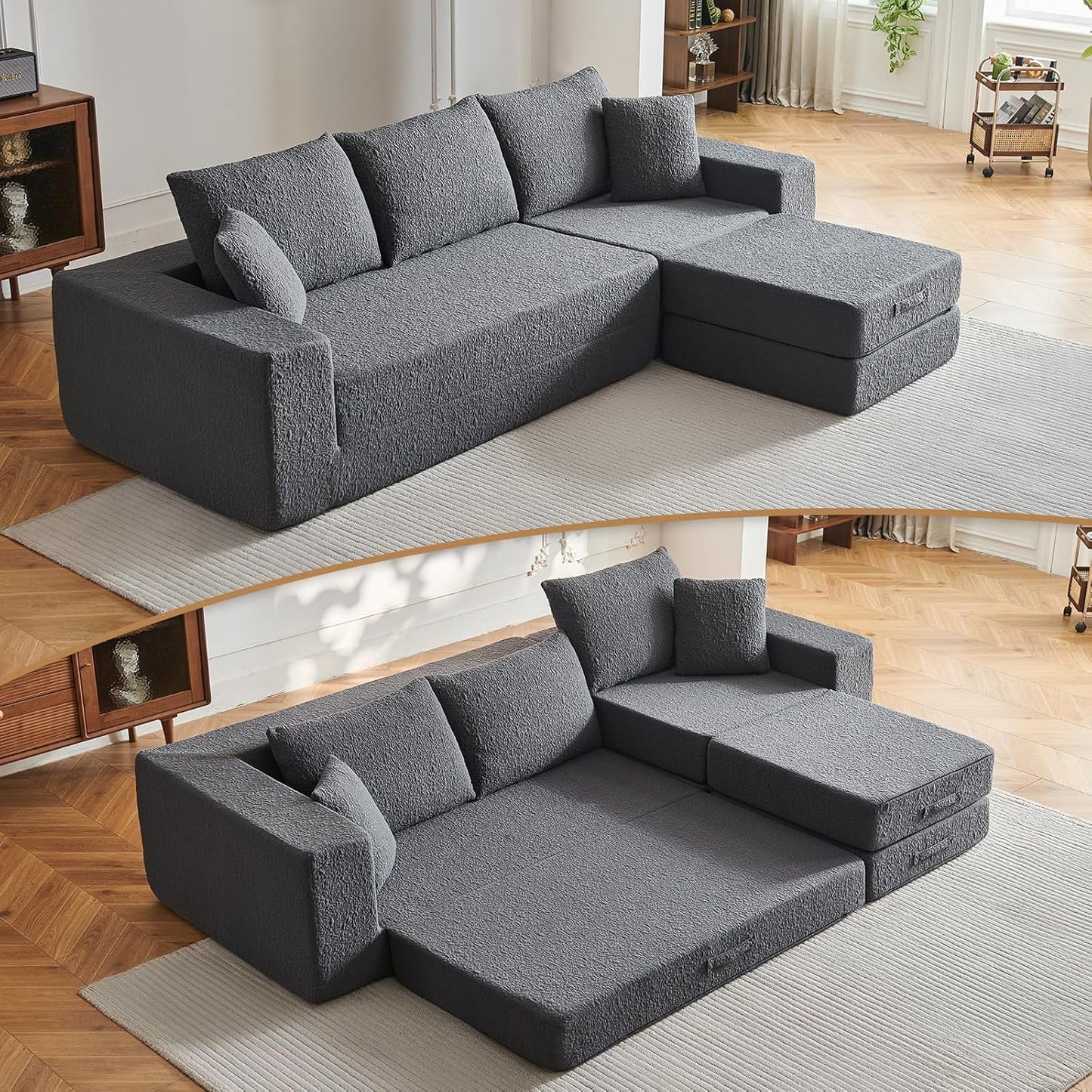108" Modular Sectional Cloud Sofa - Boneless Couch with Deep Seat, Non Slip Base, Folding Sofa Sectional Couches for Living Room, Cozy Modular Couch with L-Shape Chaise, No Assembly Required, Grey