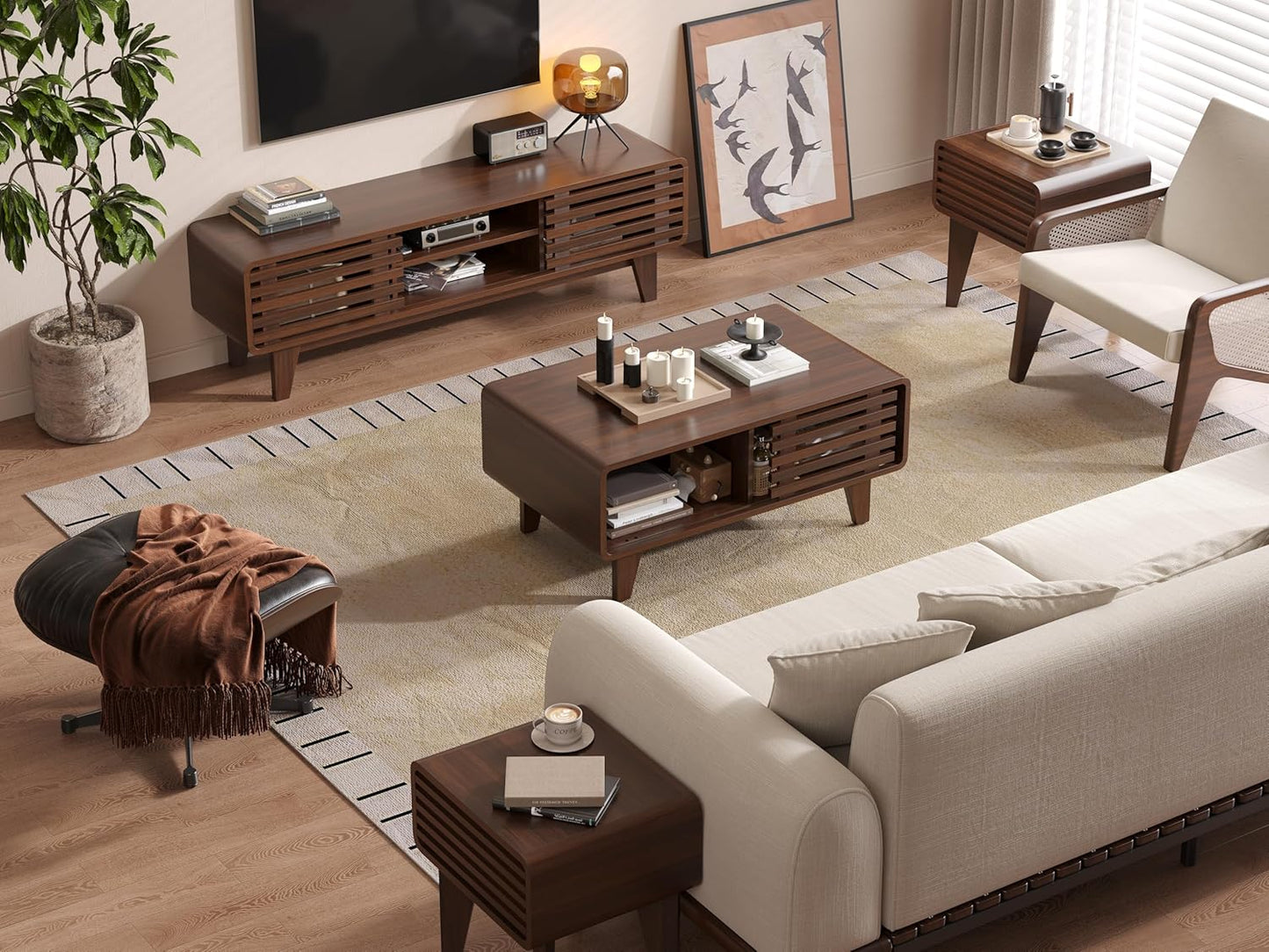 Luoxiao TV Stand for 60 Inch TV, Mid Century Modern Entertainment Center with Storage Boho Television Stand with Shelves and Grille Sliding Doors Wood Media Console for Living Room, Walnut