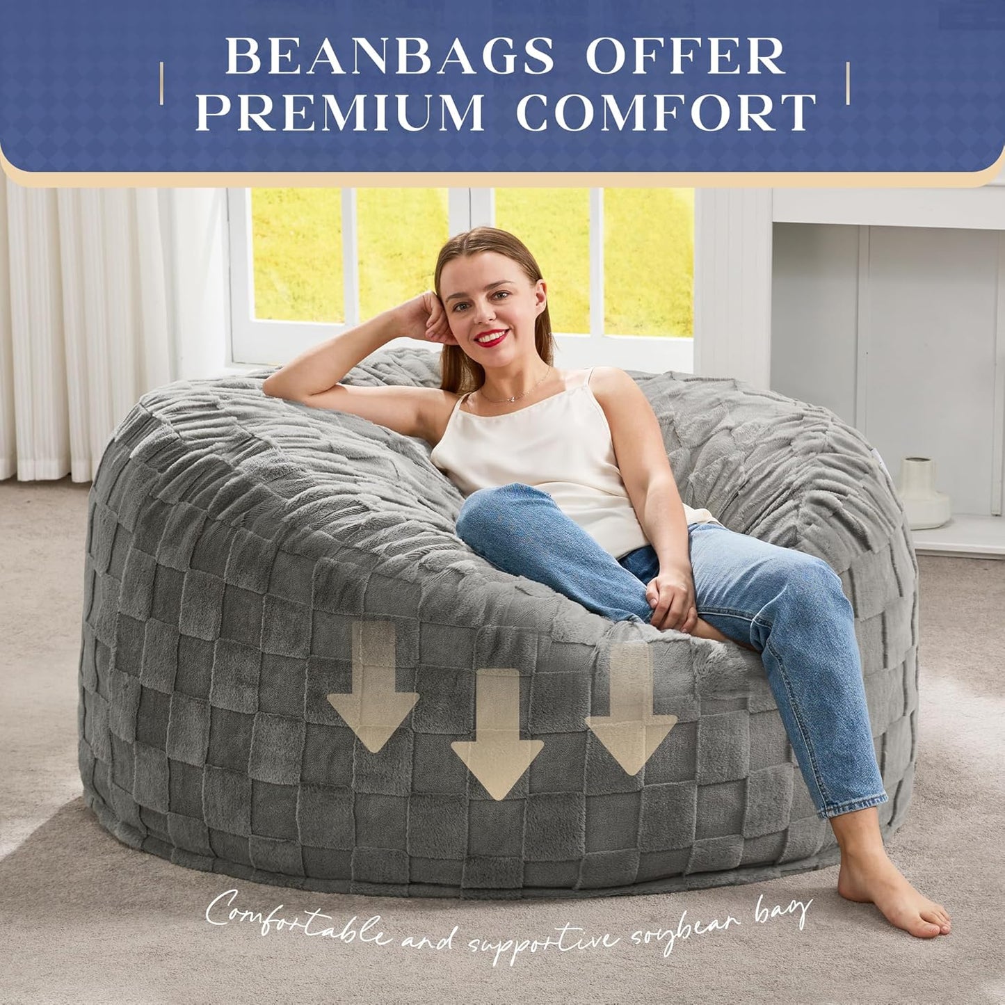 Hobestluk Bean Bag Chairs Beanbag Chair with Filler Adult Bean Bags with Fluffy Plaid Cover, Giant Bean Bag Chairs for Adults for Living Room, Bedroom (Grey, 4FT - 44” x 44” x 24”)