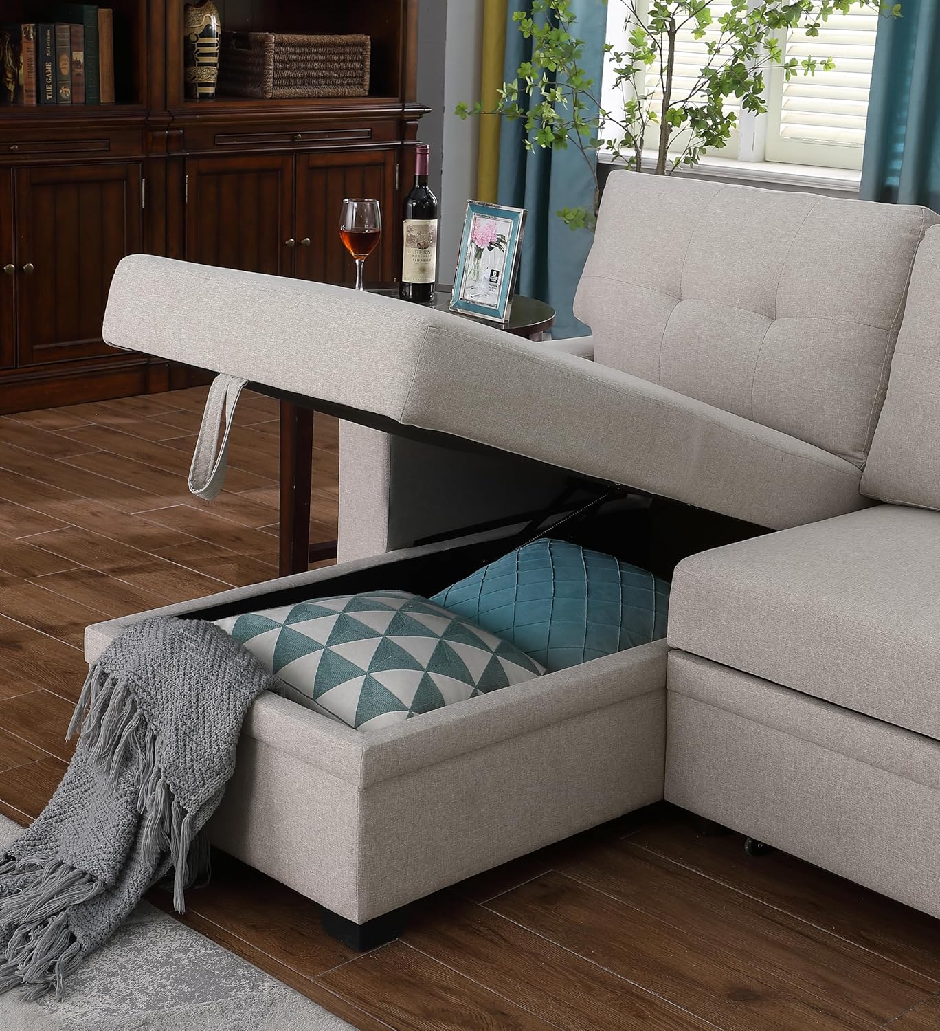 82 Inch Convertible Sleeper Sectional Sofa with Storage Chaise and Pull-Out Bed, Linen Upholstered Reversible Corner Couch, Modular L Shaped Couches for Living Room, Home Furniture, Beige