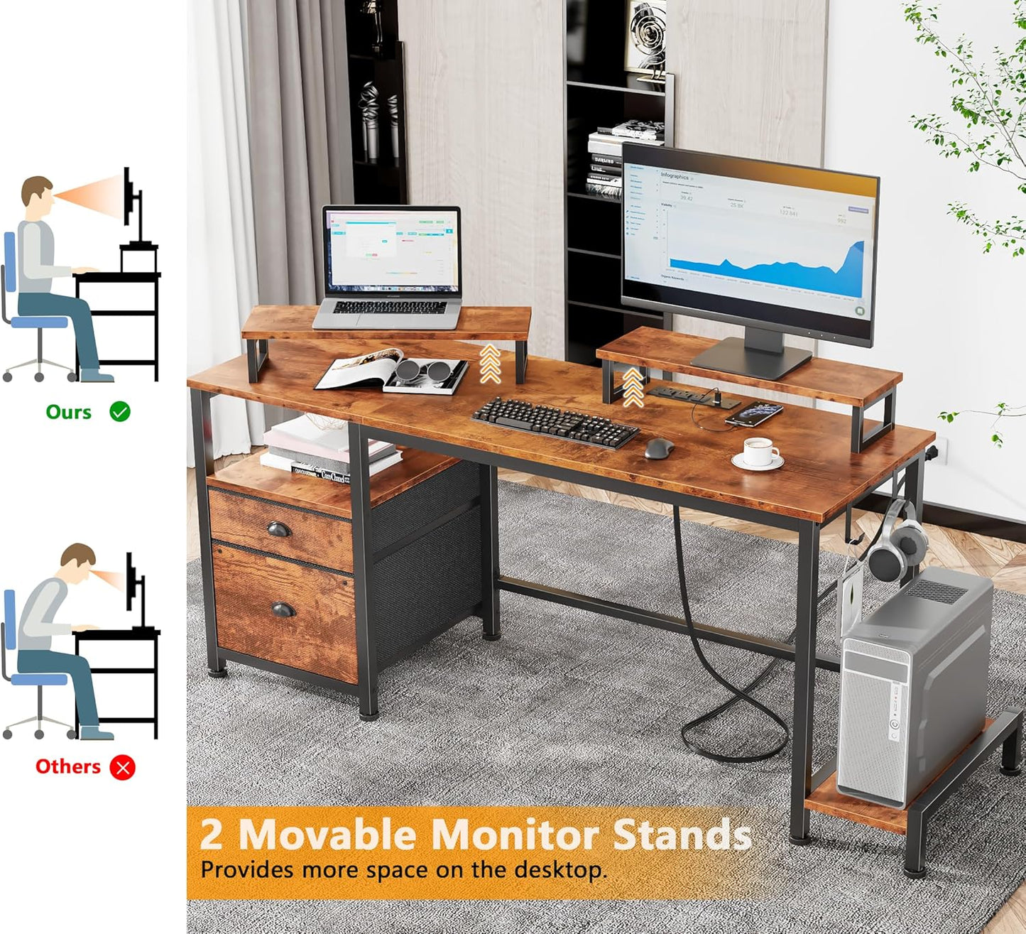Furologee 55" Computer Desk with File Cabinet and Power Outlets, Home Office Desk with 2 Movable Monitor Stands and Storage Drawer, Writing Table with Shelves and 2 Hooks for Bedroom, Rustic Brown