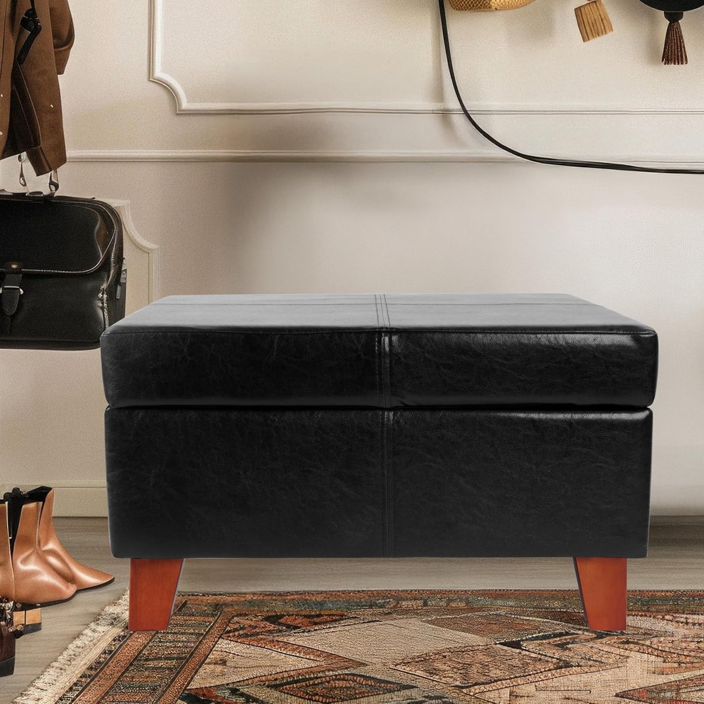 Homepop Home Decor |K2380-E169 | Luxury Large Faux Leather Square Storage Ottoman | Ottoman with Storage for Living Room & Bedroom, Black