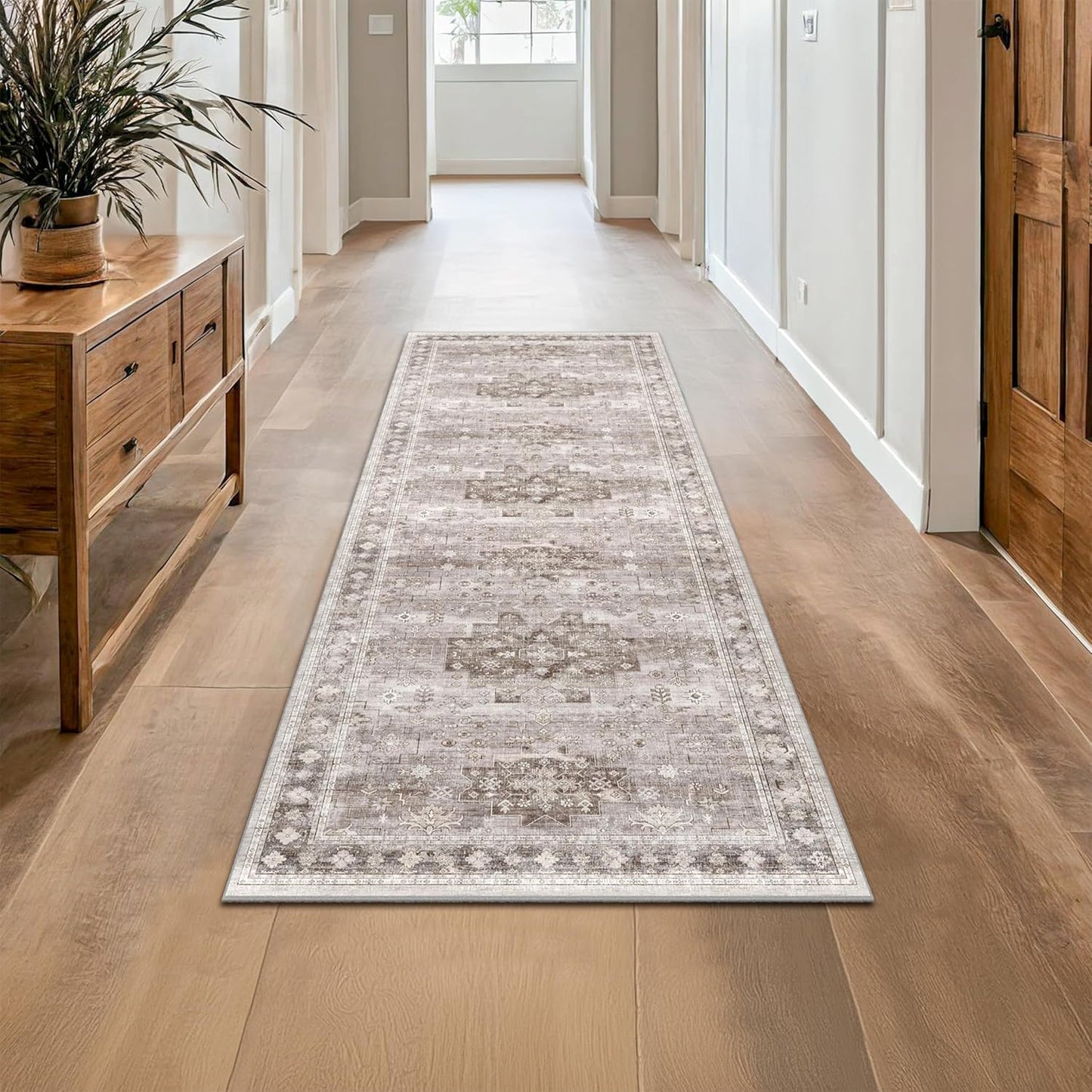 Boho Long Bathroom Runner Rug 24 x 72 Washable Non Slip - Soft Stain Reistant Rugs for Kitchen, Laundry Room, Hallway Runner - Neutral Floral Design Décor (2x6 Beige/Latte)