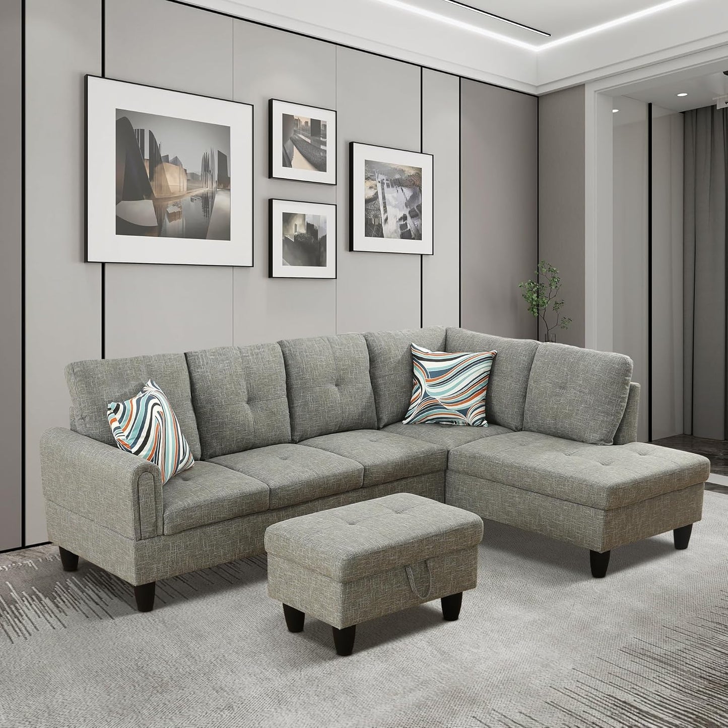 L Shaped Sectional Sofa with Ottoman, Modern Couches for Living Room, Microfiber Facing, Bedroom, Office