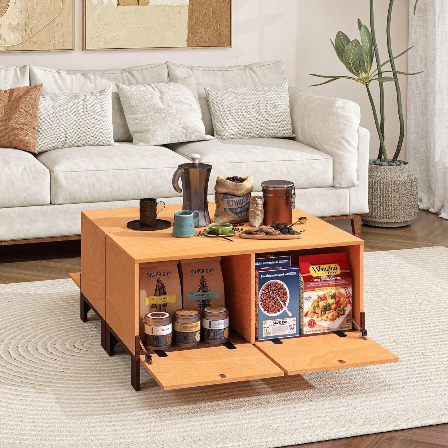 Sebastack Coffee Table, Expandable Entertainment Center and Media Console with Storage and Drawer,Wooden Furniture for Living Room, Bedroom,31 inch Width Basswood Color
