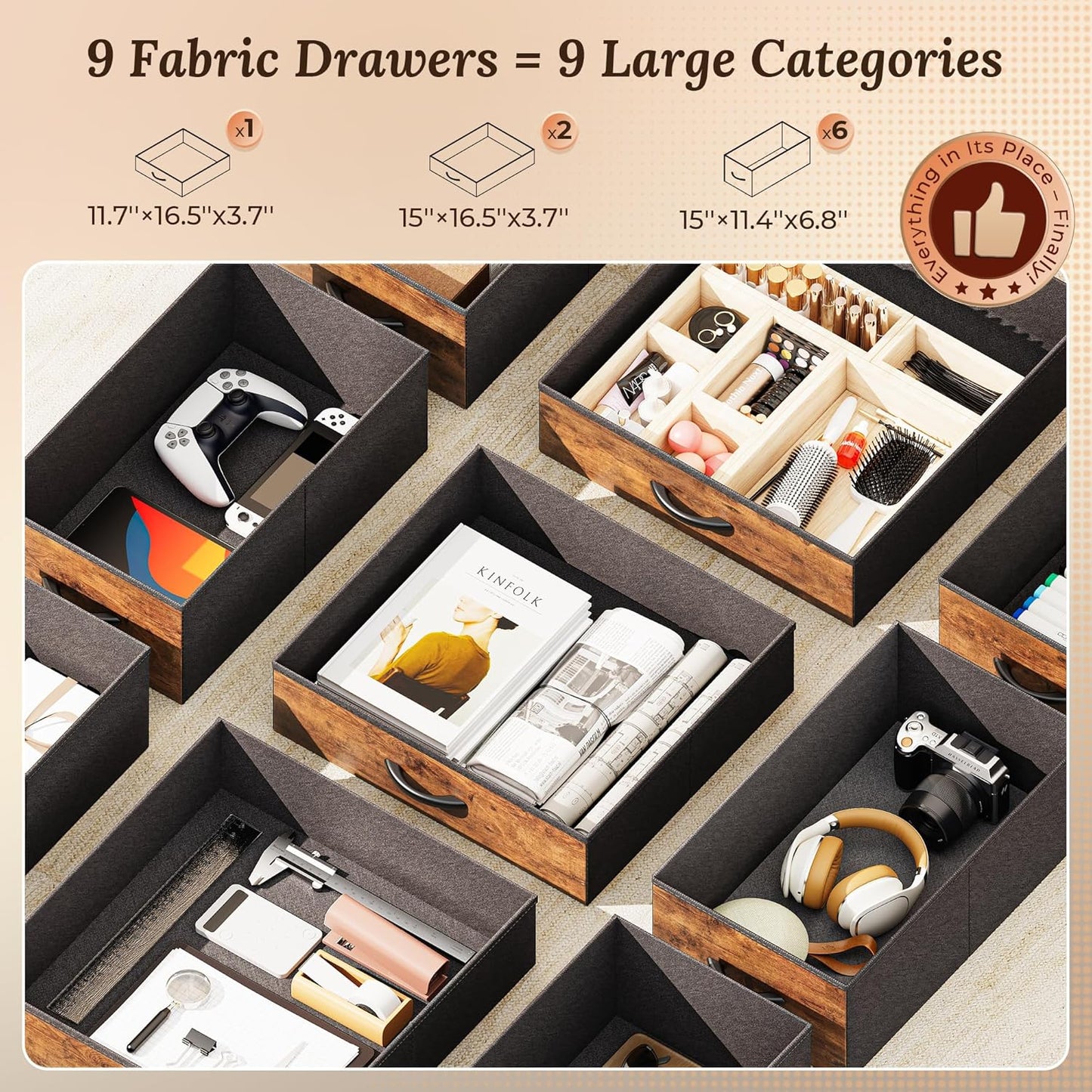 PRAISUN 54 Inch Office Desk with Outlets, Computer Desk with 9 Fabric Drawers, Writing Gaming Work Study Desk for Bedroom, Living Room, Home Office, Large Storage, Rustic Brown