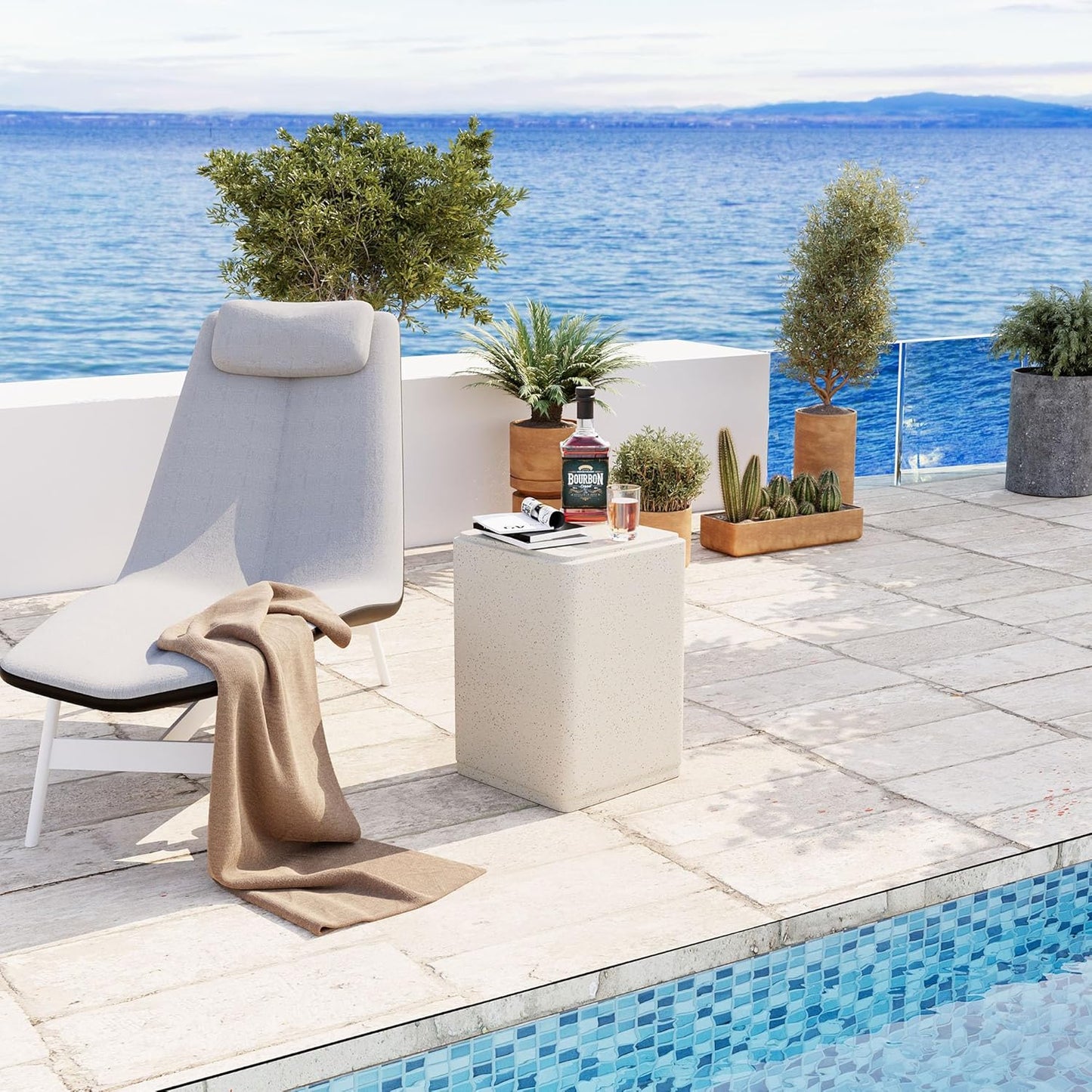 COSIEST 20" Outdoor Side Table, Weather-Resistant Square Concrete End Table for Patio,Durable Small Outside Tables Accent Stool for Garden, Porch, Deck, Balcony & Beach,Speckled White