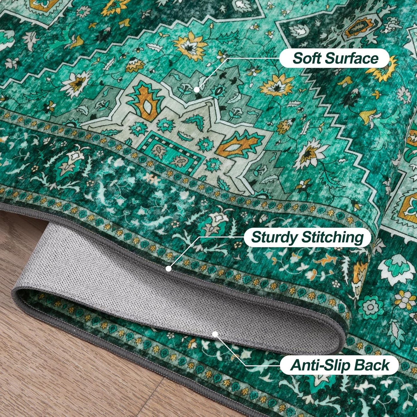 Tangsoo 5x7 Area Rug Washable Rugs for Living Room, Vintage Indoor Non Slip Large Area Rugs, Print Distressed Emerald Carpet, Soft Low Pile Foldable Floor for Bedroom Dining Room Dorm