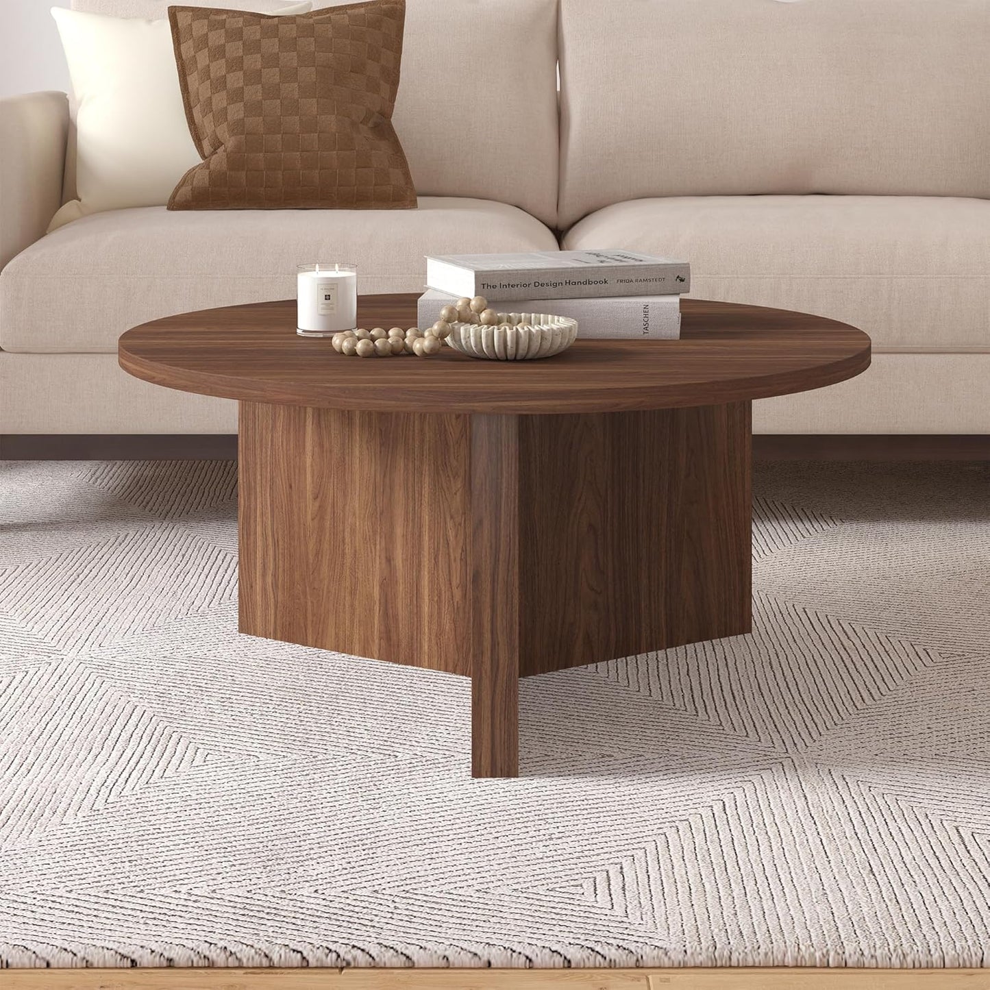 Henn&Hart 36" Round Wood Pedestal Coffee Table for Living Room, Family Room, Office, or Apartment, Satin Walnut