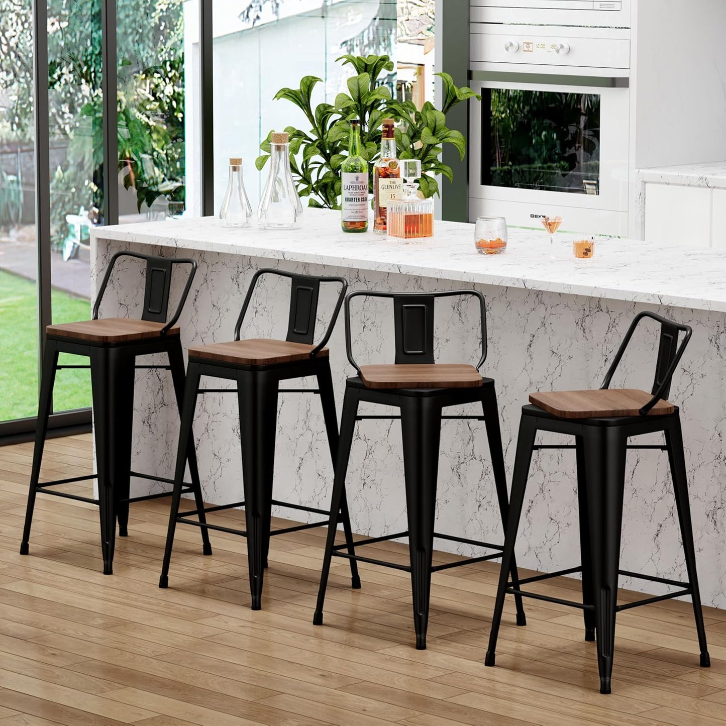 24 Inch Swivel Bar Stools Set of 2 with Backs Counter Height Industrial Metal Barstools Island Bar Chairs for Home Kitchen Dining Room (Swivel 24 inch,Matte Black Wooden)