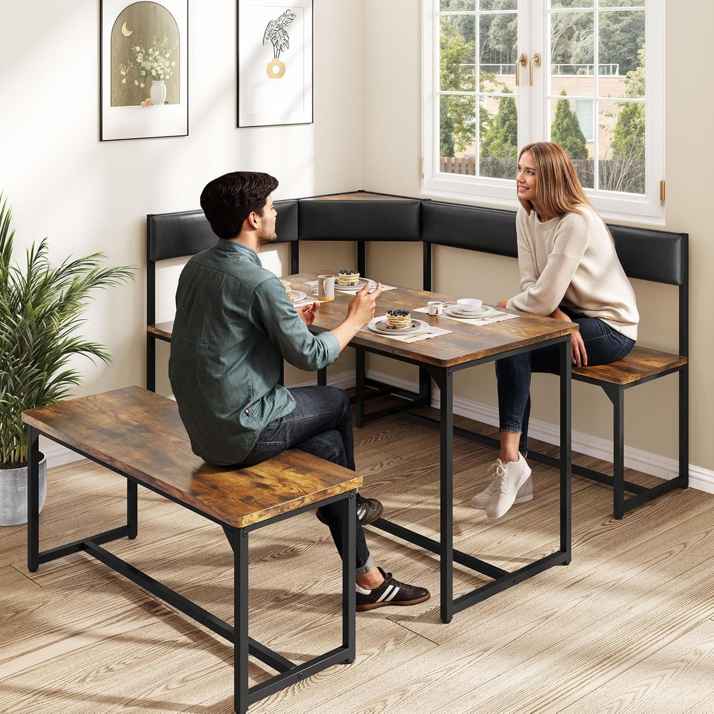 DWVO 3-Piece Dining Table Set for 4-6 People 47.2" Corner Dining Room Table with Left Seat Corner Bench and 43.3" Bench Brown Industrial Kitchen Table for Breakfast Nook Kitchen Living Room Restaurant