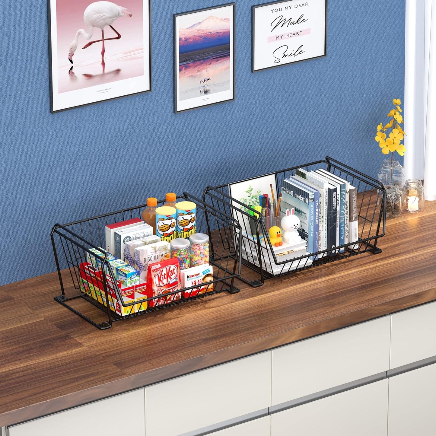 PUSDON 4-Tier Stackable Metal Storage Baskets, Anti-Rust Fruit Vegetable Rack, Dual Use Shelf for Kitchen, Home & Office, Black