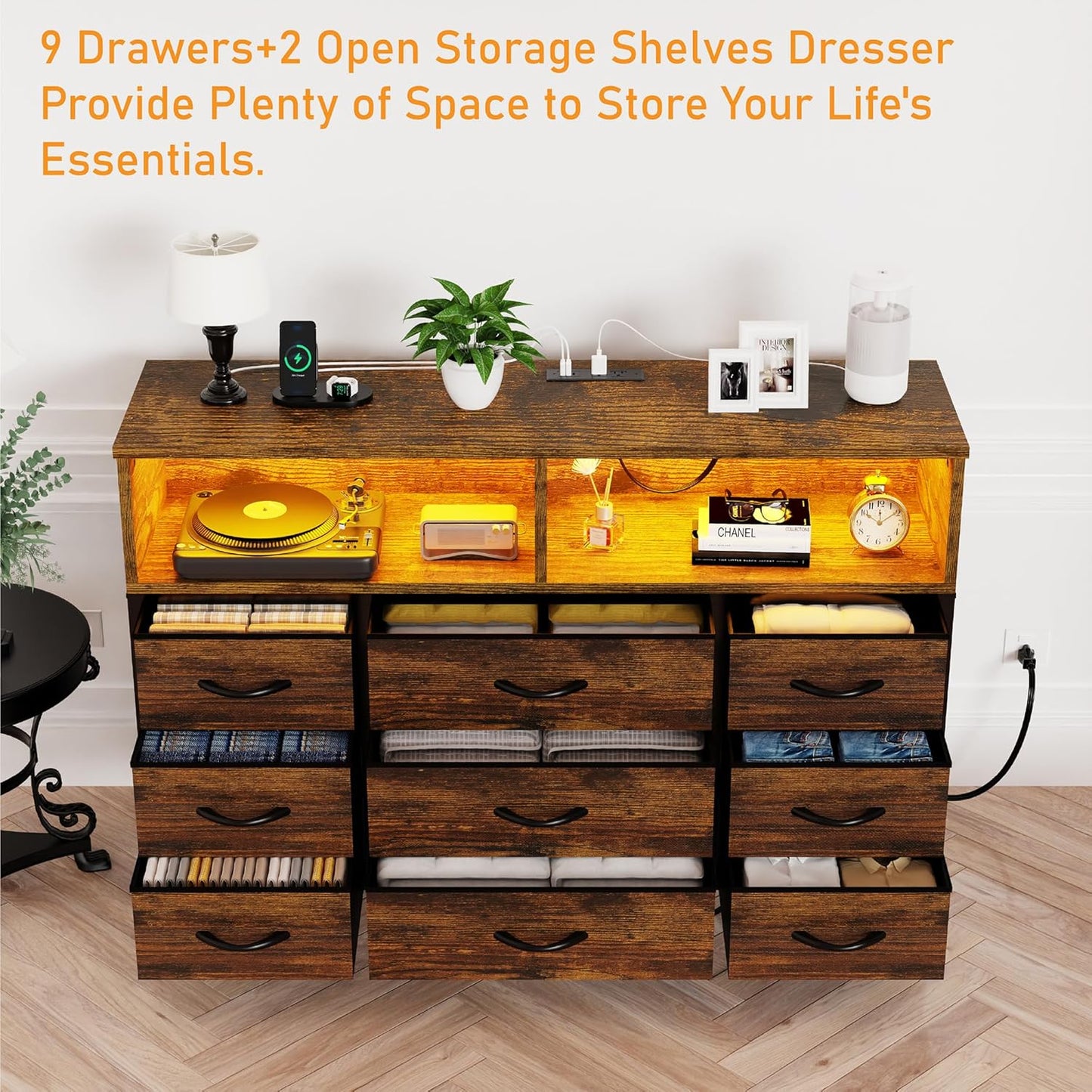 Dresser for Bedroom, 9 Drawers Led Dresser TV Stand with Power Outlets and LED Lights, Long Fabric Dressers Wide Chest of Drawers with Large Organizer for Living Room, Entryway, Hallway