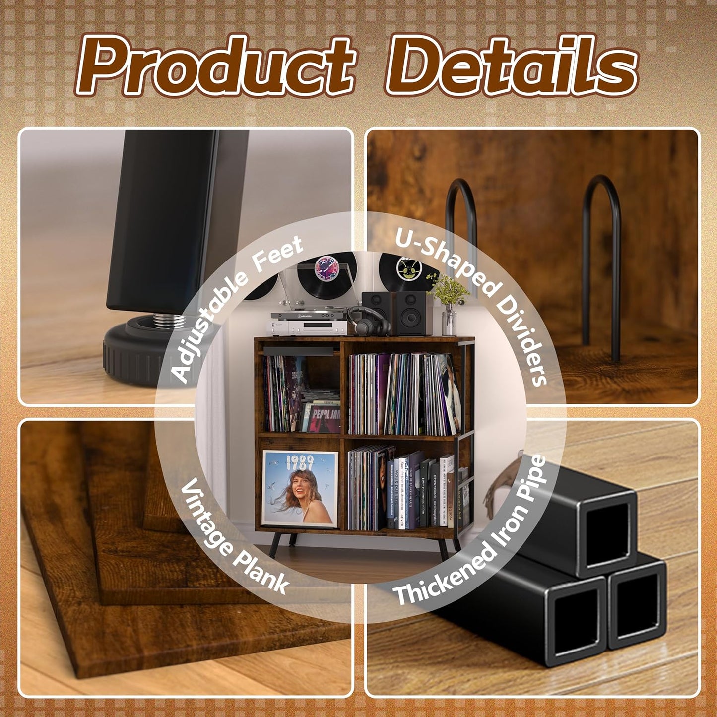 3 Tier Record Player Stand, Flip Top Record Player Cabinet, Mid Century Record Player Table with Shelves Holds up to 300+ Albums, Vinyl Record Storage with 4 U-Dividers for Living Room Bedroom, Brown