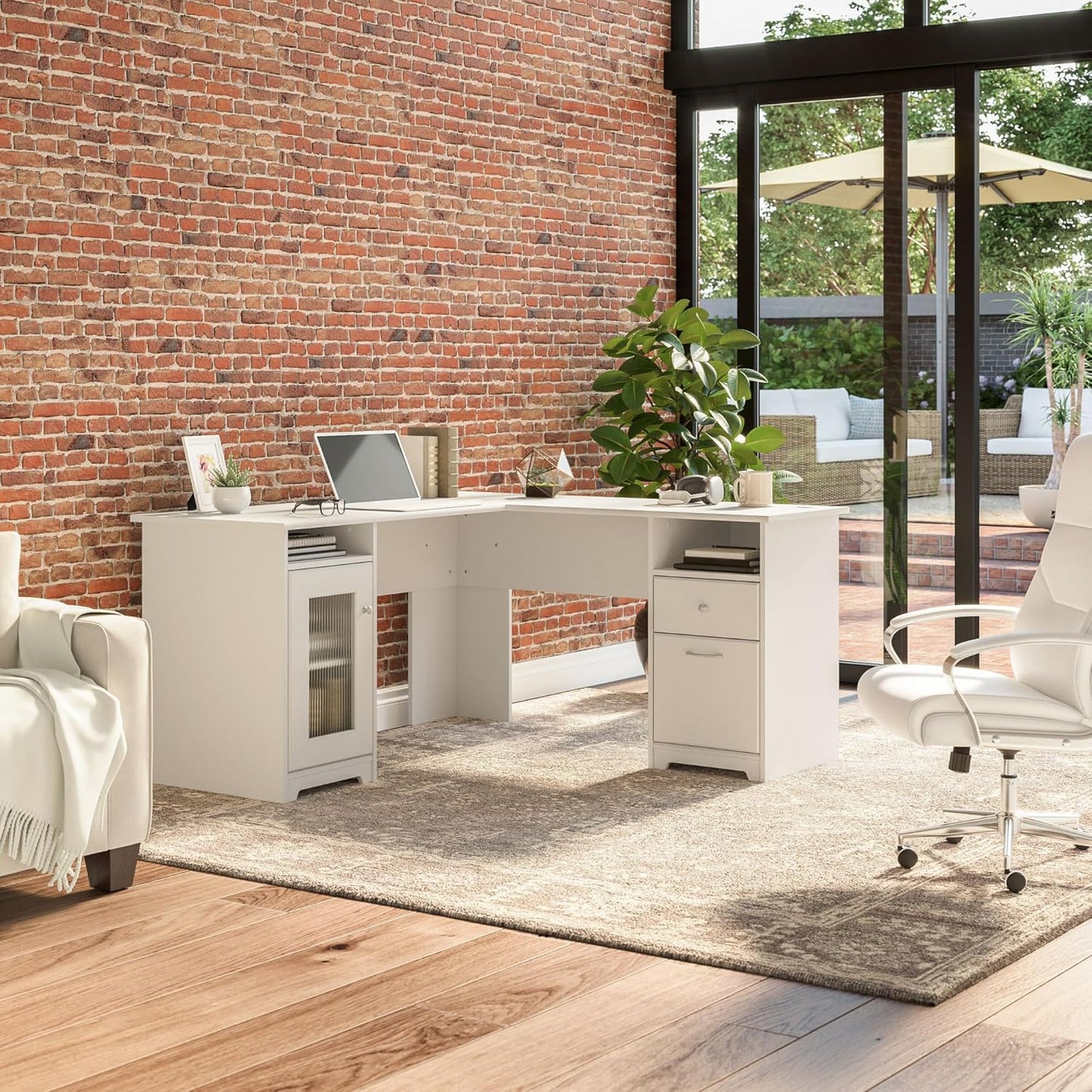 Bush Furniture Cabot L Shaped Computer Desk in White | Corner Table with Drawers and Storage for Personal Home Office Workspace