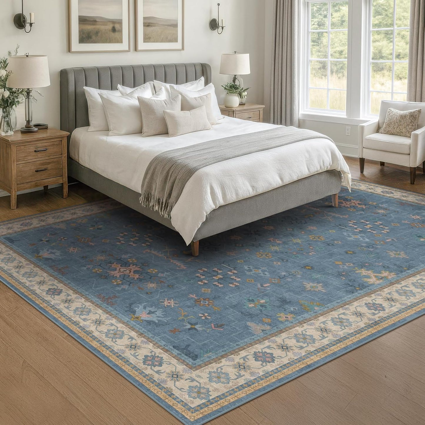 Boho 7x9 Living Room Rugs - Modern Dark Blue Dining Room Rug for Under Table, Lightweight Washable Foldable Low Pile Carpet, Eclectic Floral Bedroom Décor Aesthetic