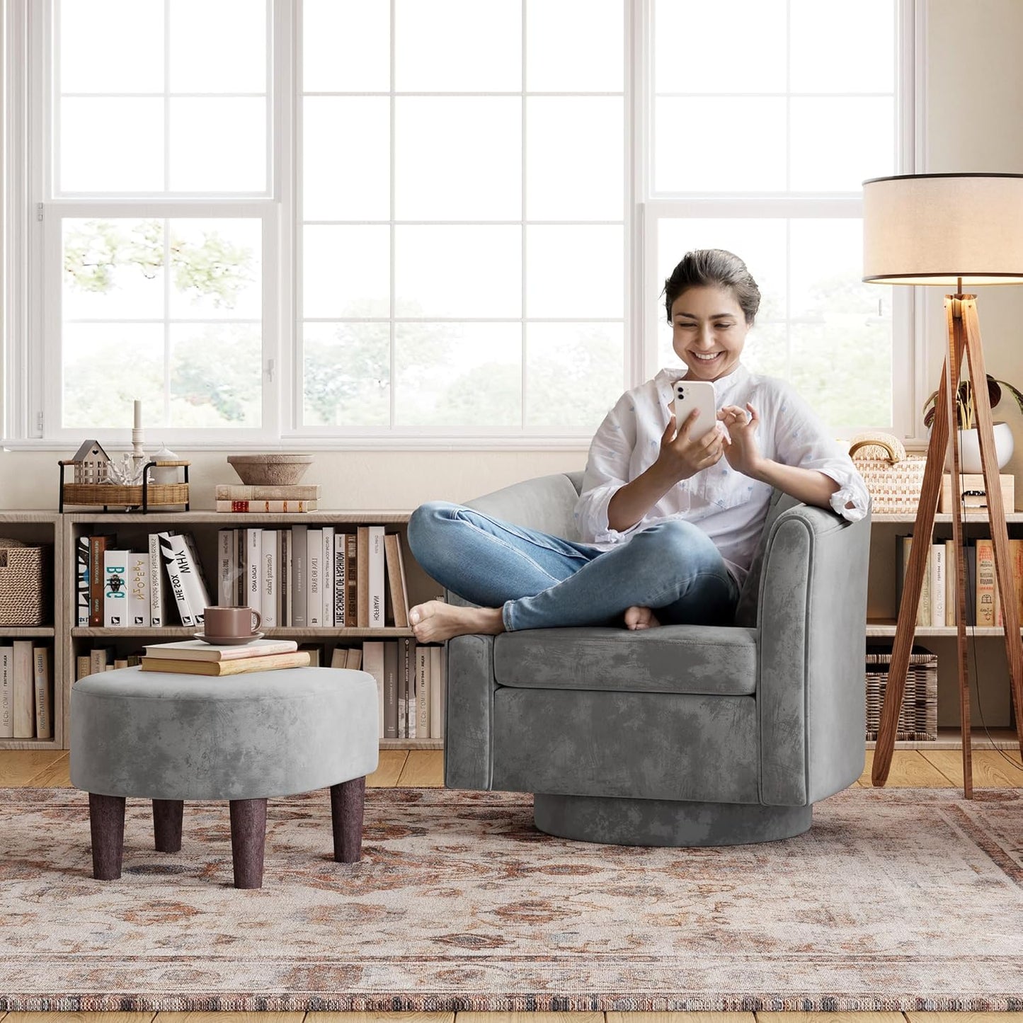 LINSY Swivel Accent Chair with Ottoman: Small Velvet Barrel Chair 360 Swivel Modern Armchair, Upholstered Reading Chair with Footrest for Living Room Bedroom Study Room (Grey)