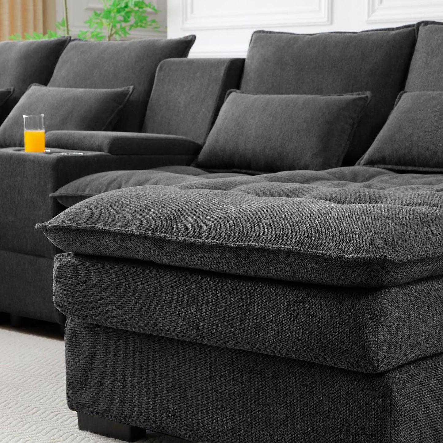 KEIKI 130" U-Shaped 6 seat Sofa with Storage Console, Cup Holders, Upholstered Sectional Sofa, Button Tufted Cloud Cushion Couch for Home, Office, Apartment, Gray