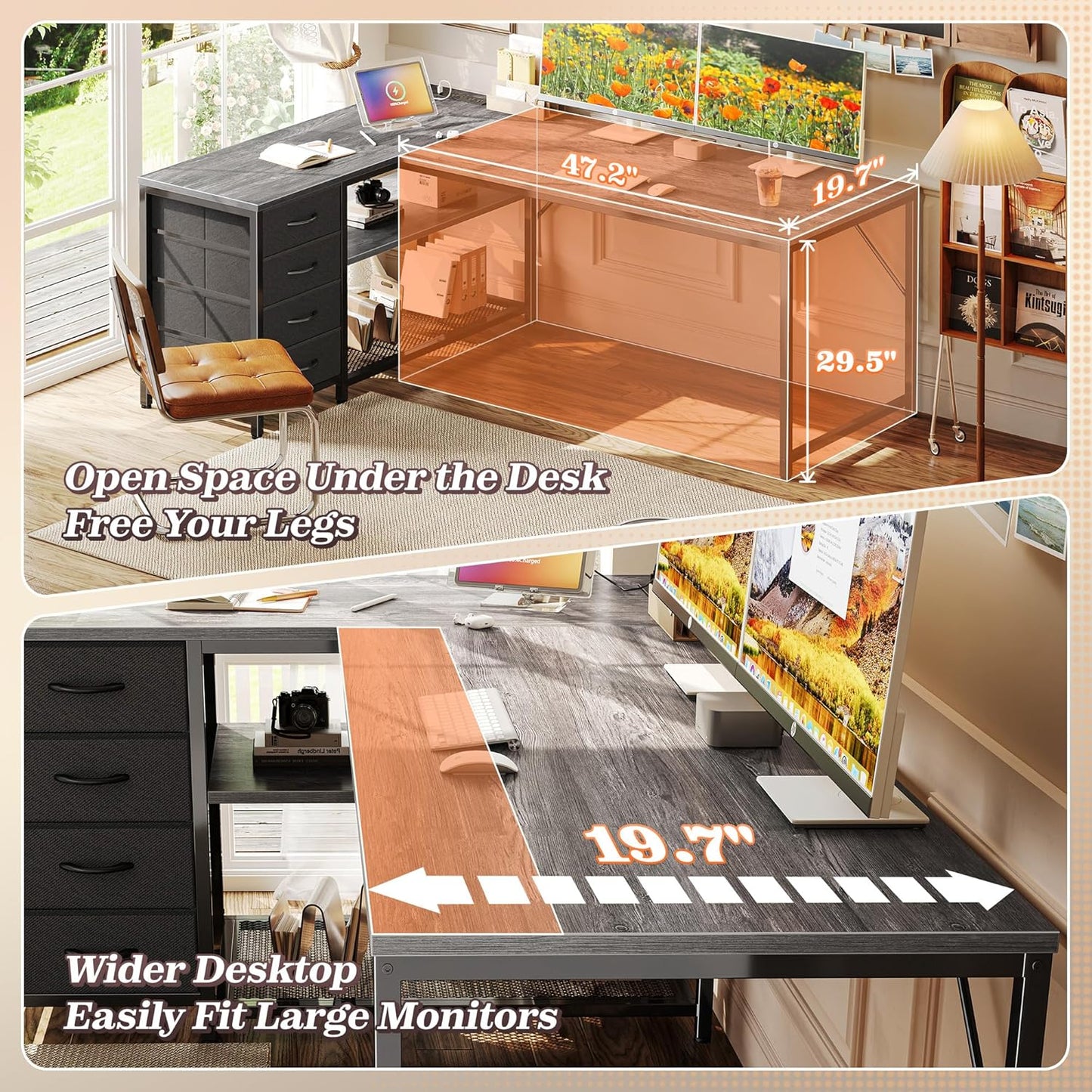 PRAISUN 61" L Shaped Desk with Power Outlets and USB-C Port, Reversible Computer Corner Office Desk with 4 Fabric Drawers and 2 Height-Adjustable Shelves, Large for Gaming Writing Work Study, Grey