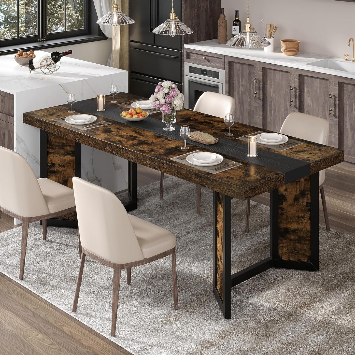 Industrial Dining Table for 6-8 People, 71" Large Long Wooden Kitchen Table with Sturdy Metal Frame & Brown Finish, Rustic Style Rectangular Dinner Table for Dining Room, Kitchen (Vintage Brown)