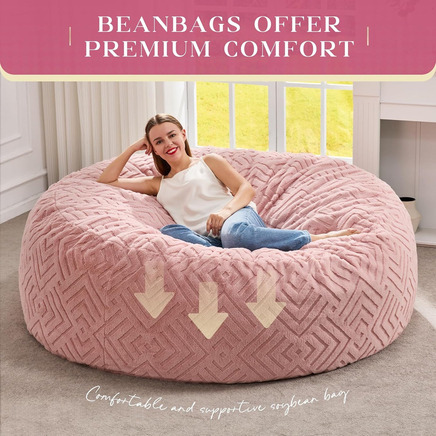 Hobestluk Bean Bag Chairs Adults Beanbag Chair with Filler Large Bean Bags with Fluffy Embossed Cover, Giant Bean Bag Chairs for Adults (Pink, 6FT - 70" x 70" x 15")