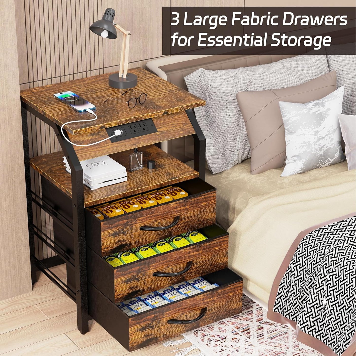 End Tables Set of 2, Nightstands with Charging Station and LED Lights, 3 Drawers Fabric Dresser, Storage Side Tables for Bedside, Living Room, Rustic Brown