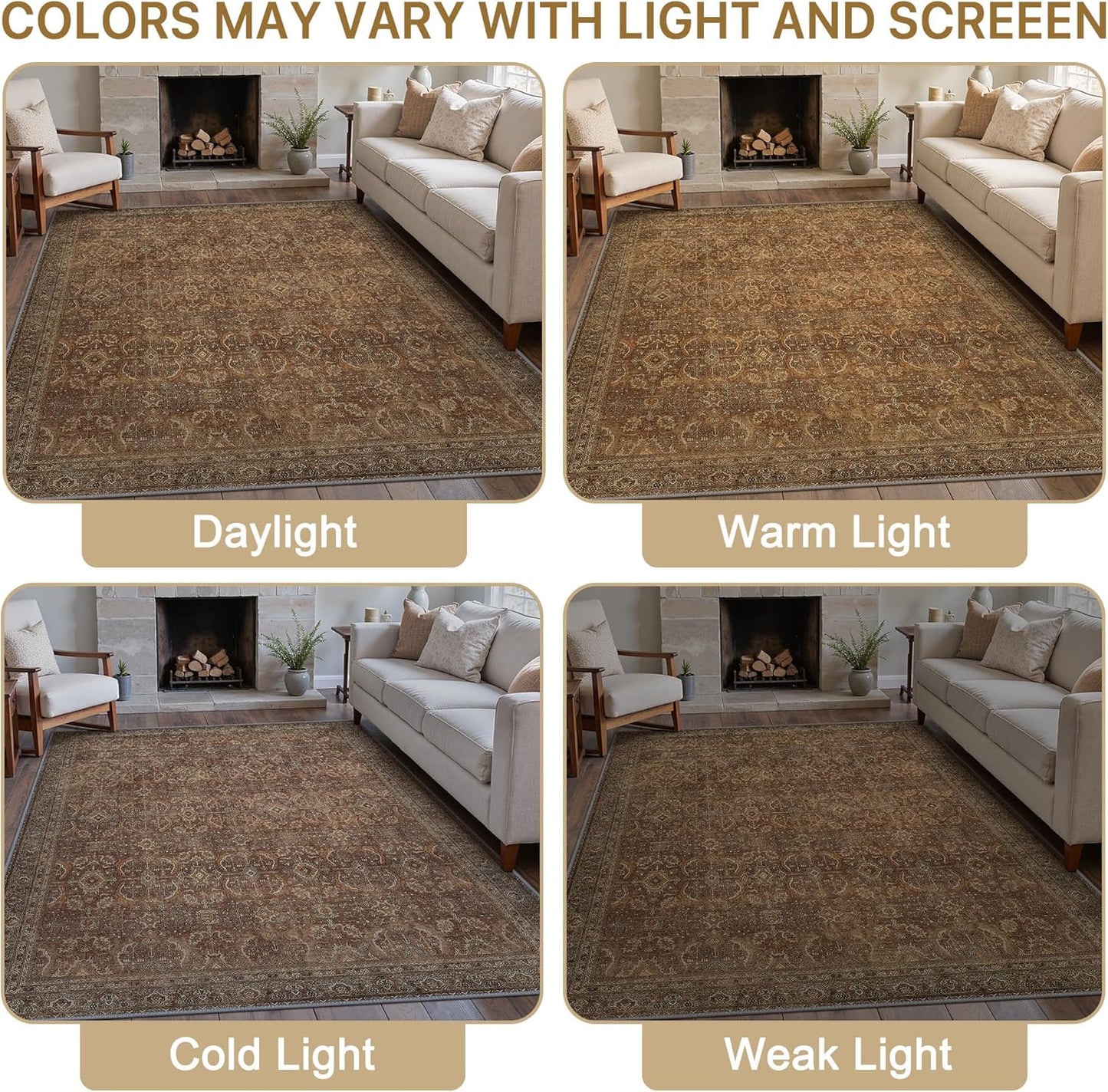 8X10 Area Rugs Machine Washable Rugs for Living Room, Vintage Boho Large Rugs for Bedroom Dining Room, Non Slip Indoor Soft Distressed Lightweight Thin Low Pile Carpet, Rustic Brown