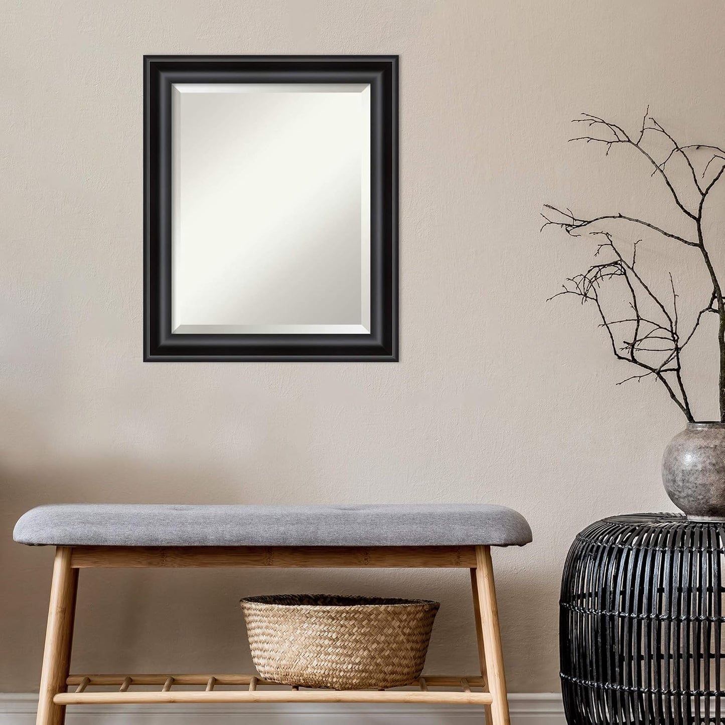 Amanti Art Black Bathroom Mirror for Over Sink, 24x20 Grand Black Narrow Rectangle Vanity Mirror, Small Casual Frame, Hangs Horizonally and Vertically, Bathroom Wall Decor, Beveled Edge