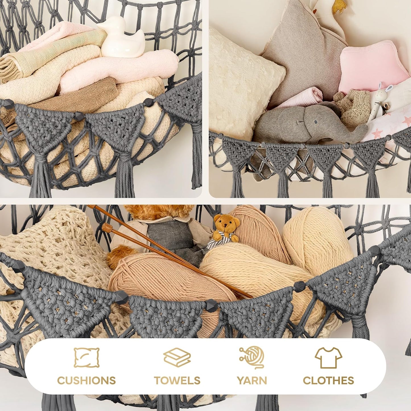 Macrame DreamLights Boho Stuffed Animal Storage Net or hammock Extra Large for Small or large Plushies. Plush Gray Toy Storage Holder