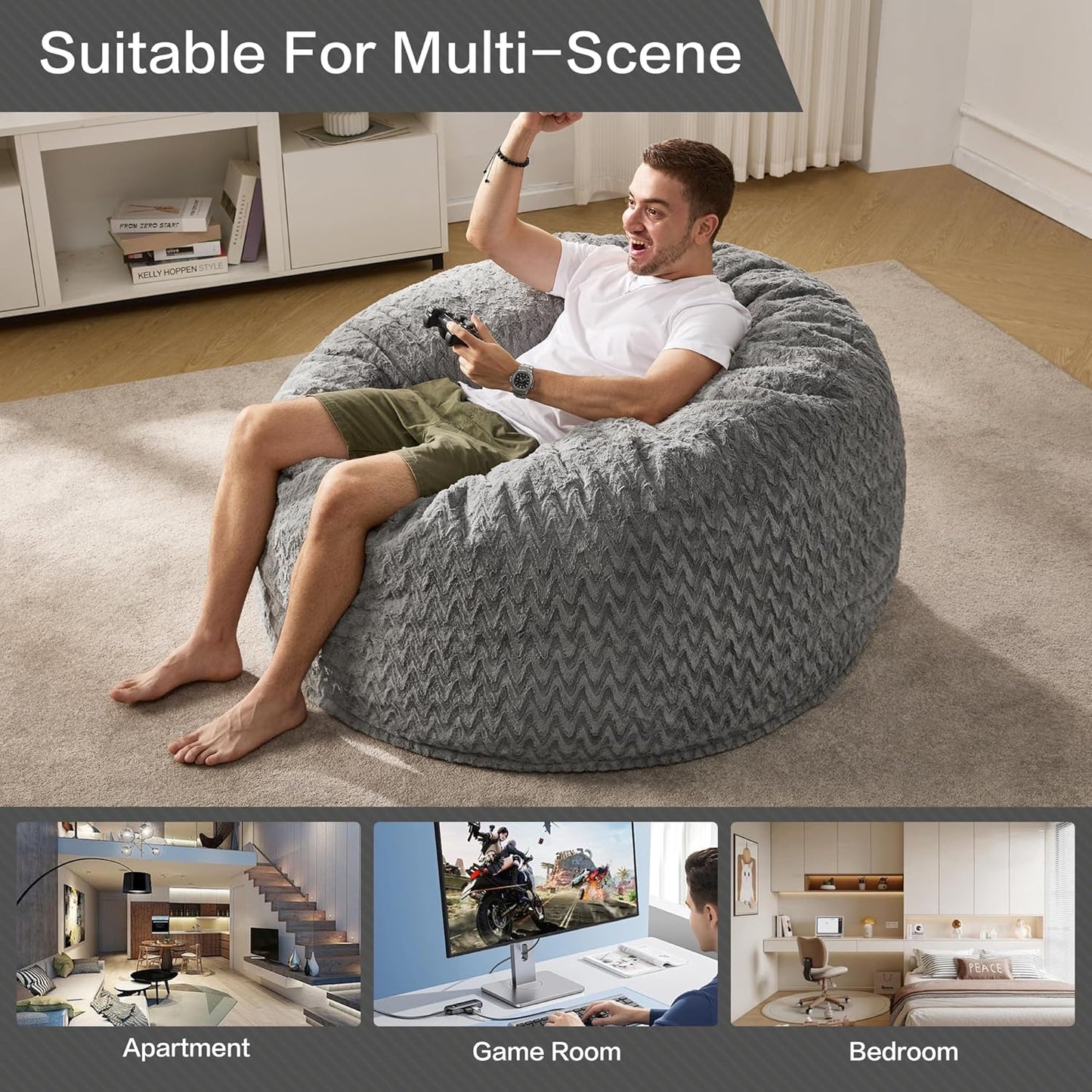 Hobestluk 4ft Bean Bag Chairs for Adults Large Beanbag Chair with Chevron Plush Fur Cover Big Bean Bag Chair for Living Room Bedroom Dorm Office - Grey (44” x 44” x 24”)