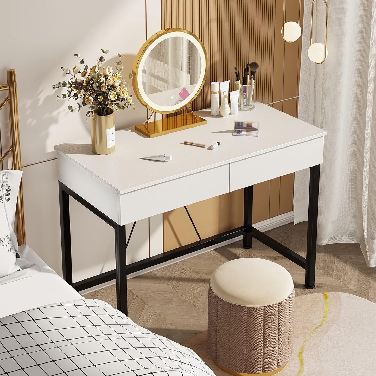 CAIYUN 40Inch Computer Desk with 2 Wooden Drawers, Small Desks for Home Office with Storage,Vanity Desk for Bedroom, Gaming Desk for Small Spaces, Simple Kids Study Writing Desk Table (White, Wooden)