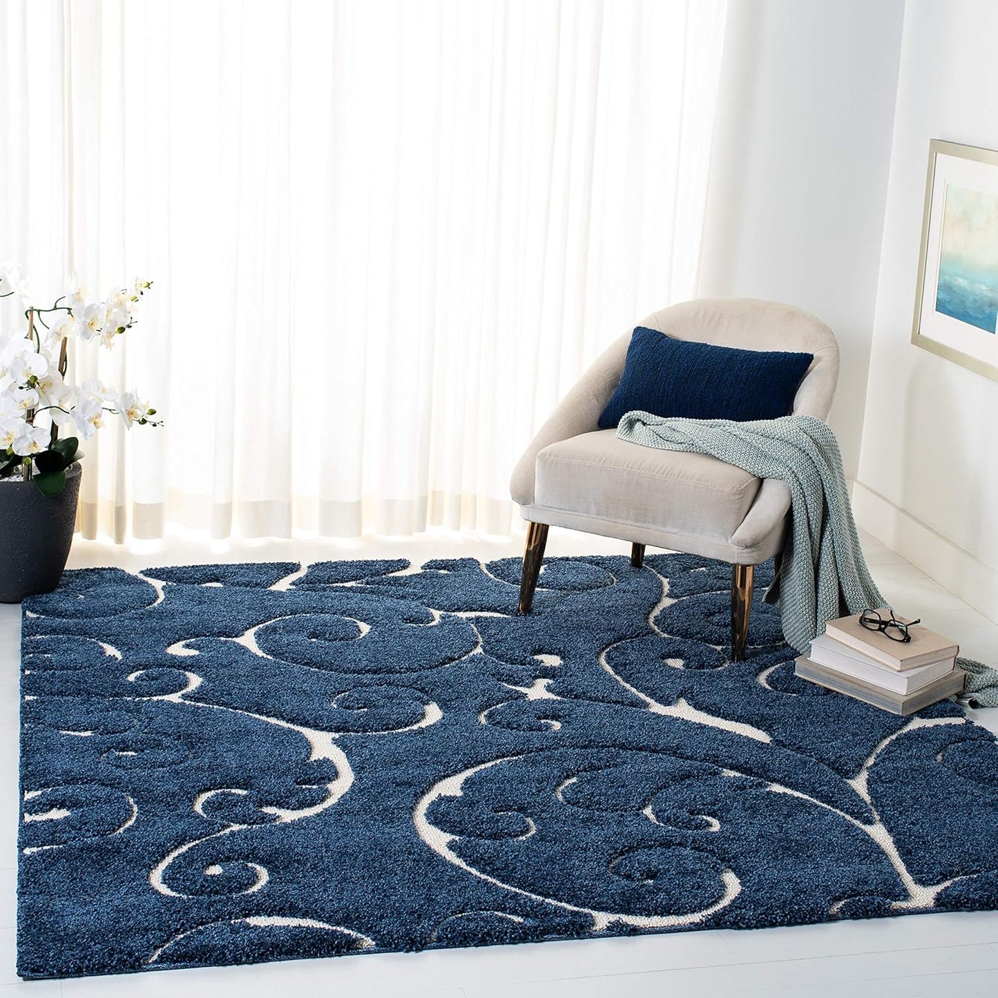 SAFAVIEH Florida Shag Collection Area Rug - 4' Square, Dark Blue & Cream, Scroll Design, Non-Shedding & Easy Care, 1.2-inch Thick Ideal for High Traffic Areas in Living Room, Bedroom (SG455-6511)