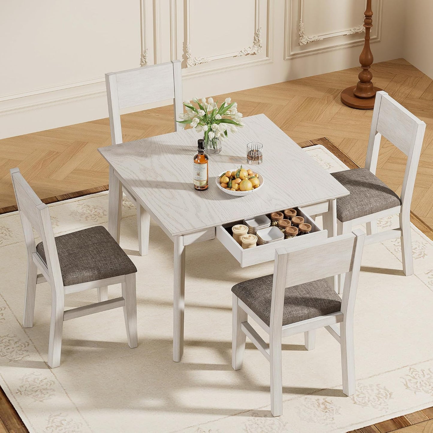 Solid Wood Dining Chairs Set of 4, Farmhouse Kitchen Chairs with Upholstered Cushion, Easy Assembly for Dining Room, Kitchen, Washed Gray