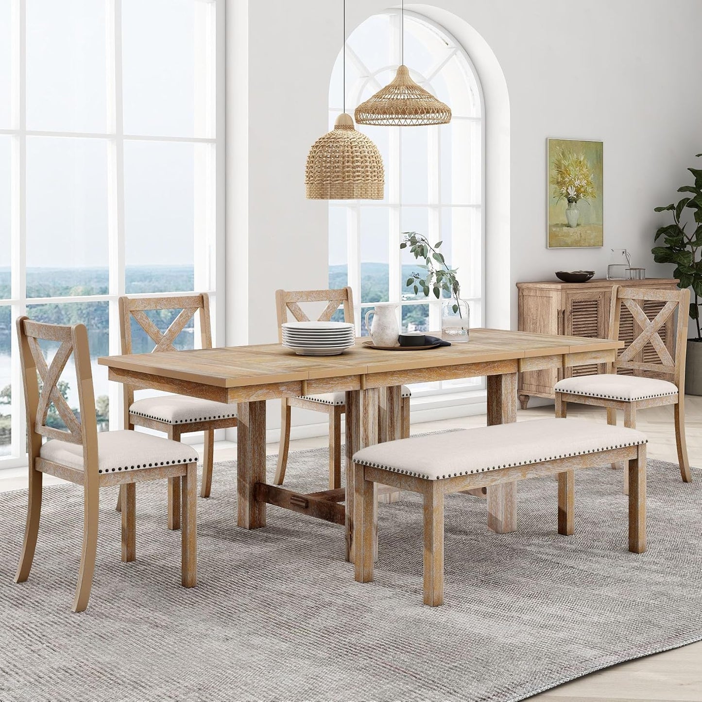 Ball & Cast Farmhouse 6 Piece Extendable Dining Table with Footrest,Living Room Furniture w/ 4 Upholstered Dining Chairs & Dining Bench,2 11" Removable Leaf,for Dining Room & Kitchen,Natural+Beige
