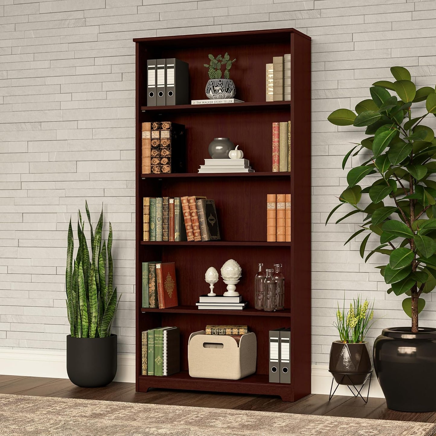 Bush Furniture Tall 5 Shelf Bookcase, Large Open Bookshelf, Sturdy Display Cabinet for Living Room or Home Office, Cabot Collection, Harvest Cherry