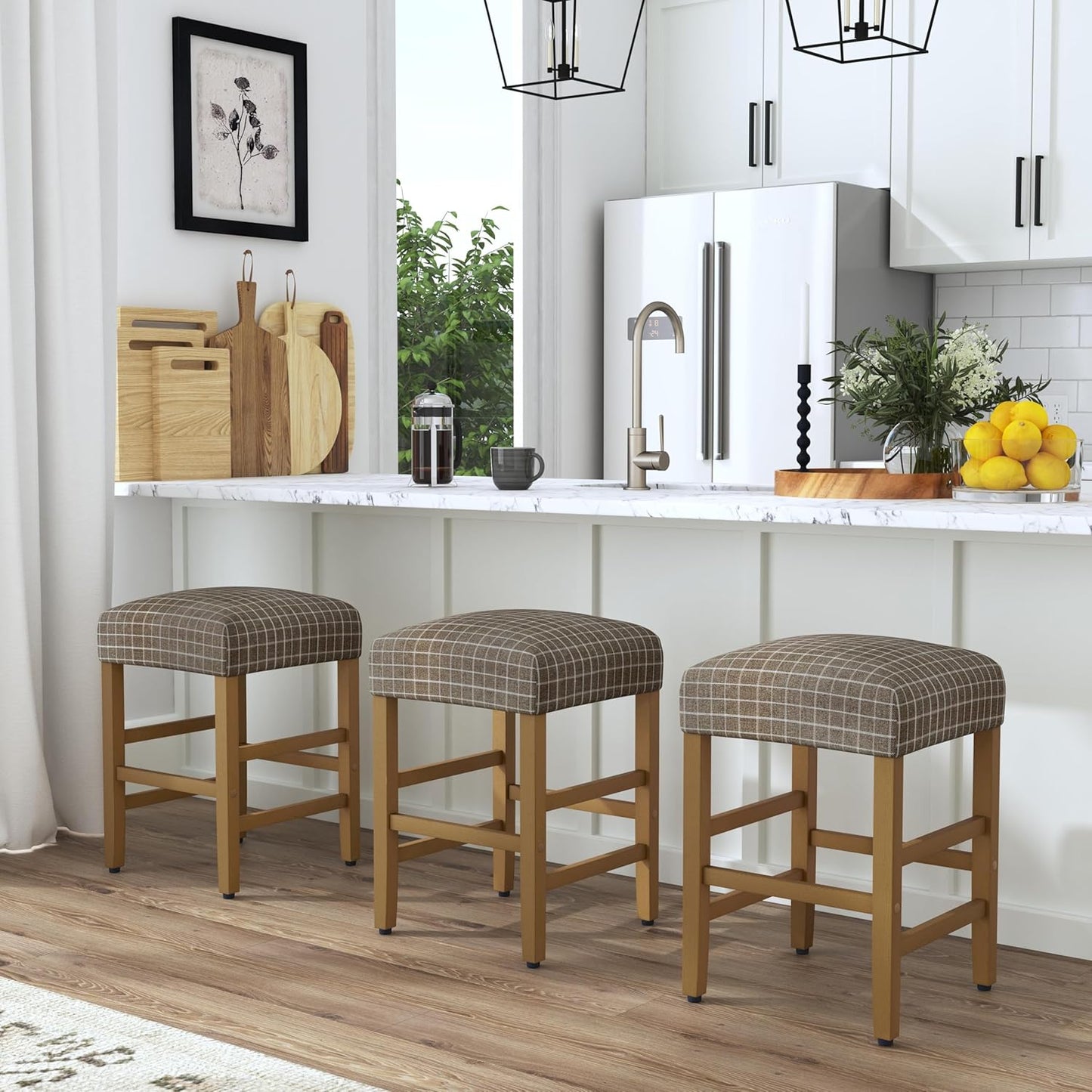 HomePop Home Decor |Classic Open-Back Counter Height Barstool| Square 24 Inch Bar Stools with Domed Cushion, Brown Window Pane Print