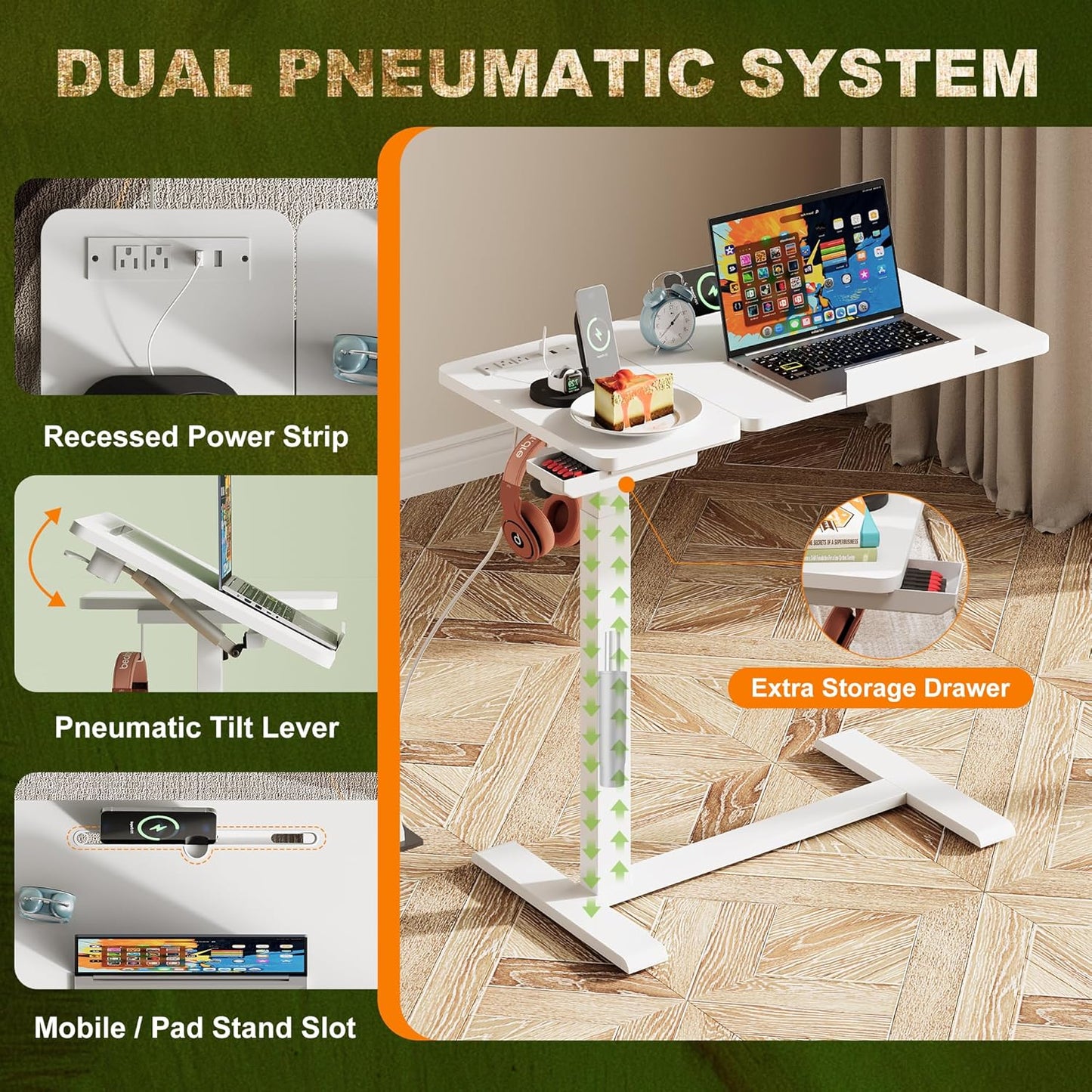 Standing Desk, Medical Overbed Table with Rolling Tray and Power Outlet, Dual Pneumatic Angle and Height Adjustable Desk, Portable Side Table with Drawer, Home & Hospital Use, White