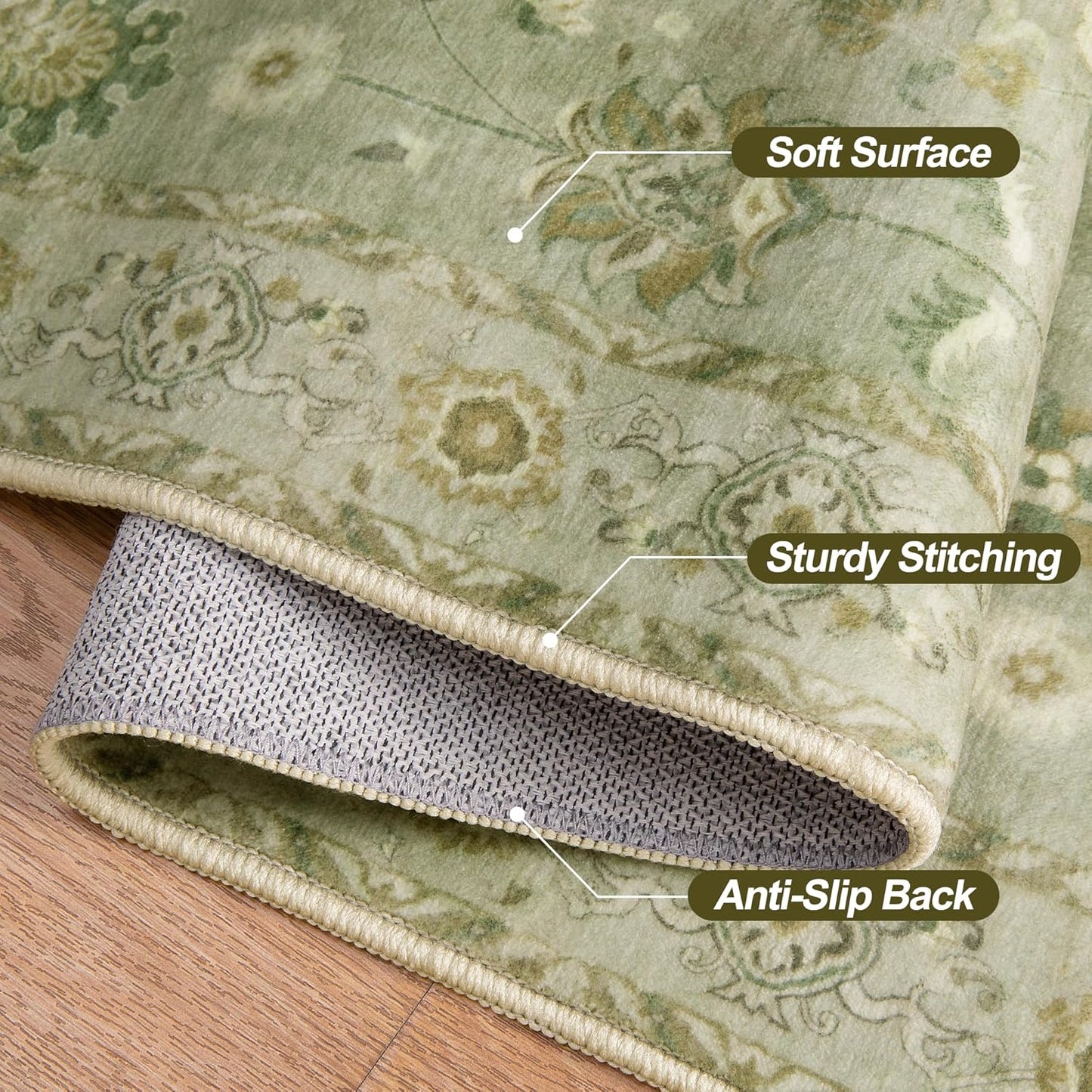 Tangsoo 2x6 Washable Runner Rug for Hallways, Non Slip Floral Vintage Runner, Soft Low Pile Long Rug, Print Distressed Flaxen Green Carpet Runners for Kitchen Bedroom Entryway Living Room