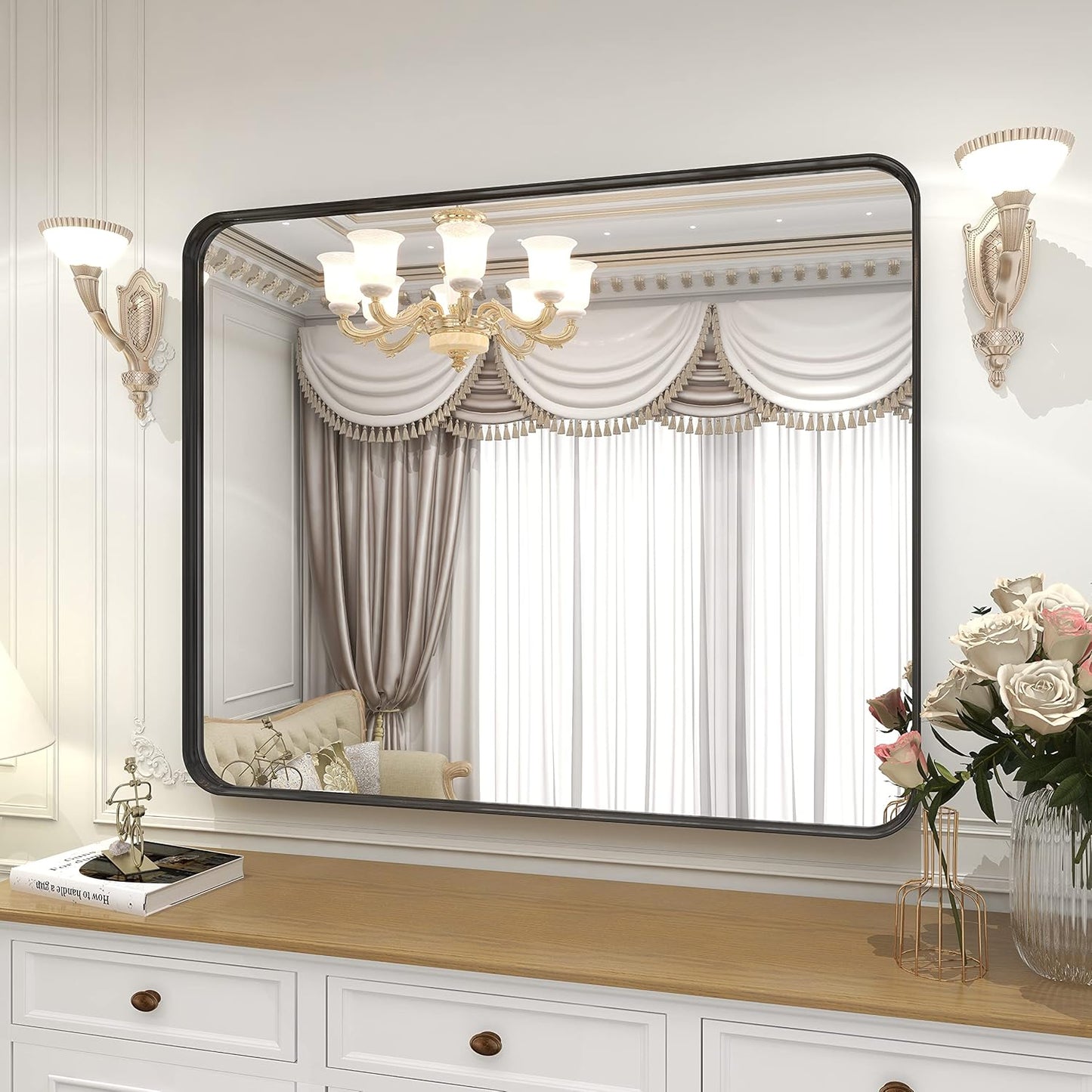 Bathroom Mirror 24x32 inch, Black Gorgeous Deep Frame Wall Mirror, Modern Round Corner Bathroom Vanity Mirror for Bedroom, Living Room, Hanging or Leaning Horizontal or Vertical, Black