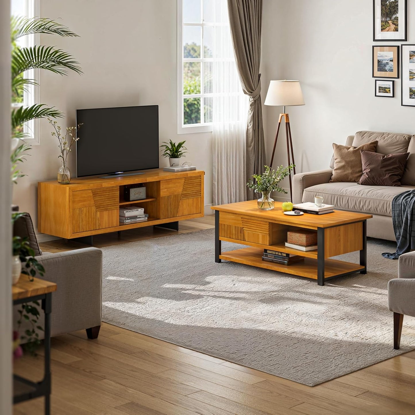 Bme Trapeze Coffee Table for Living Room – Modern Wooden Center Table with Storage, Metal Legs, Large Teak Brown Coffee Table for Stylish Living Room Furniture Setup